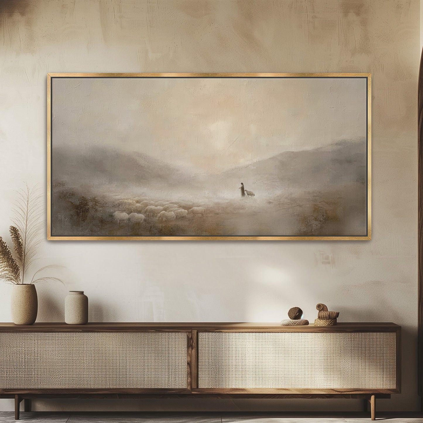 Jesus und das verlorene Schaf – Leinwanddruck – Minimalistische christliche Wandkunst – Leinwand mit Schattenfugenrahmen