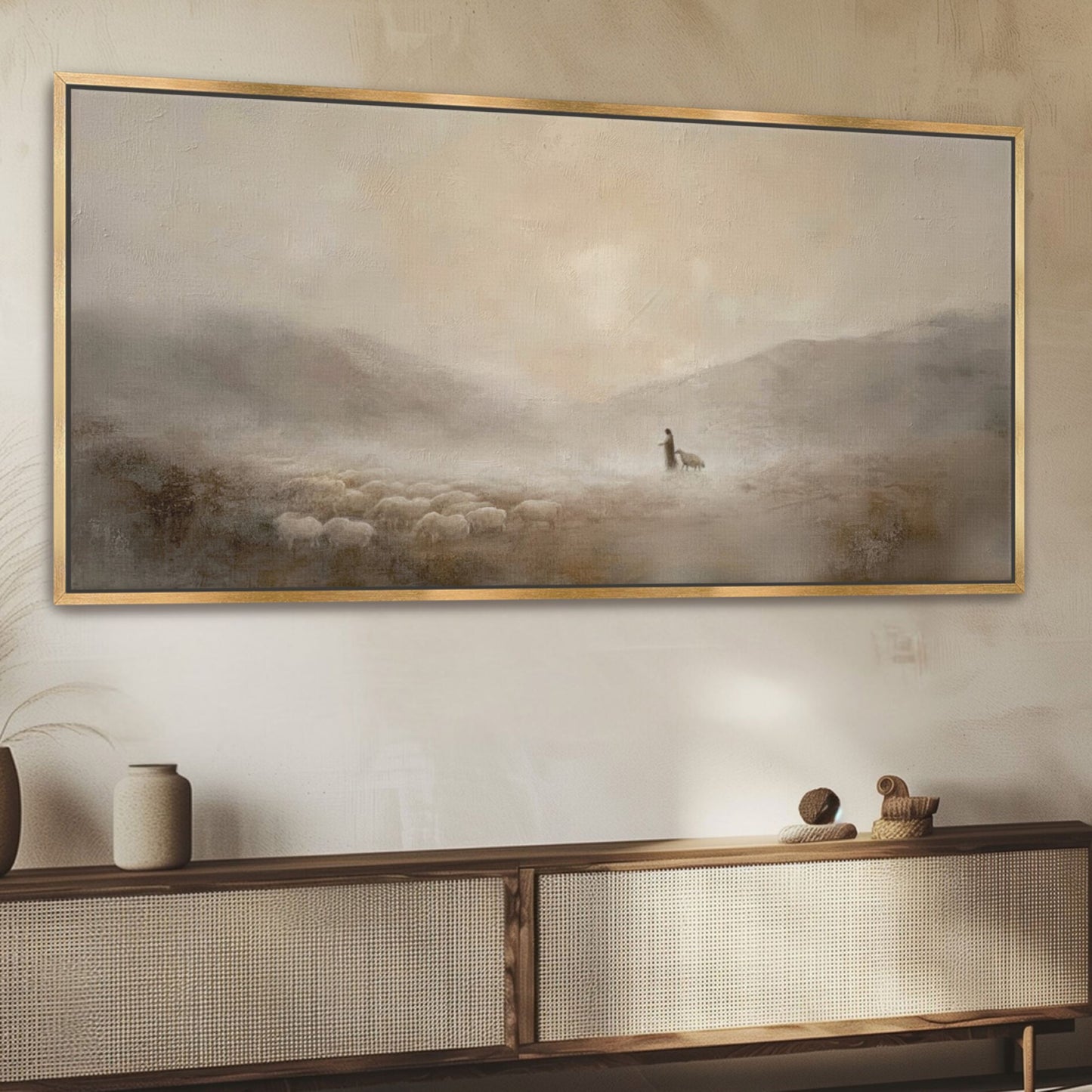 Jesus und das verlorene Schaf – Leinwanddruck – Minimalistische christliche Wandkunst – Leinwand mit Schattenfugenrahmen