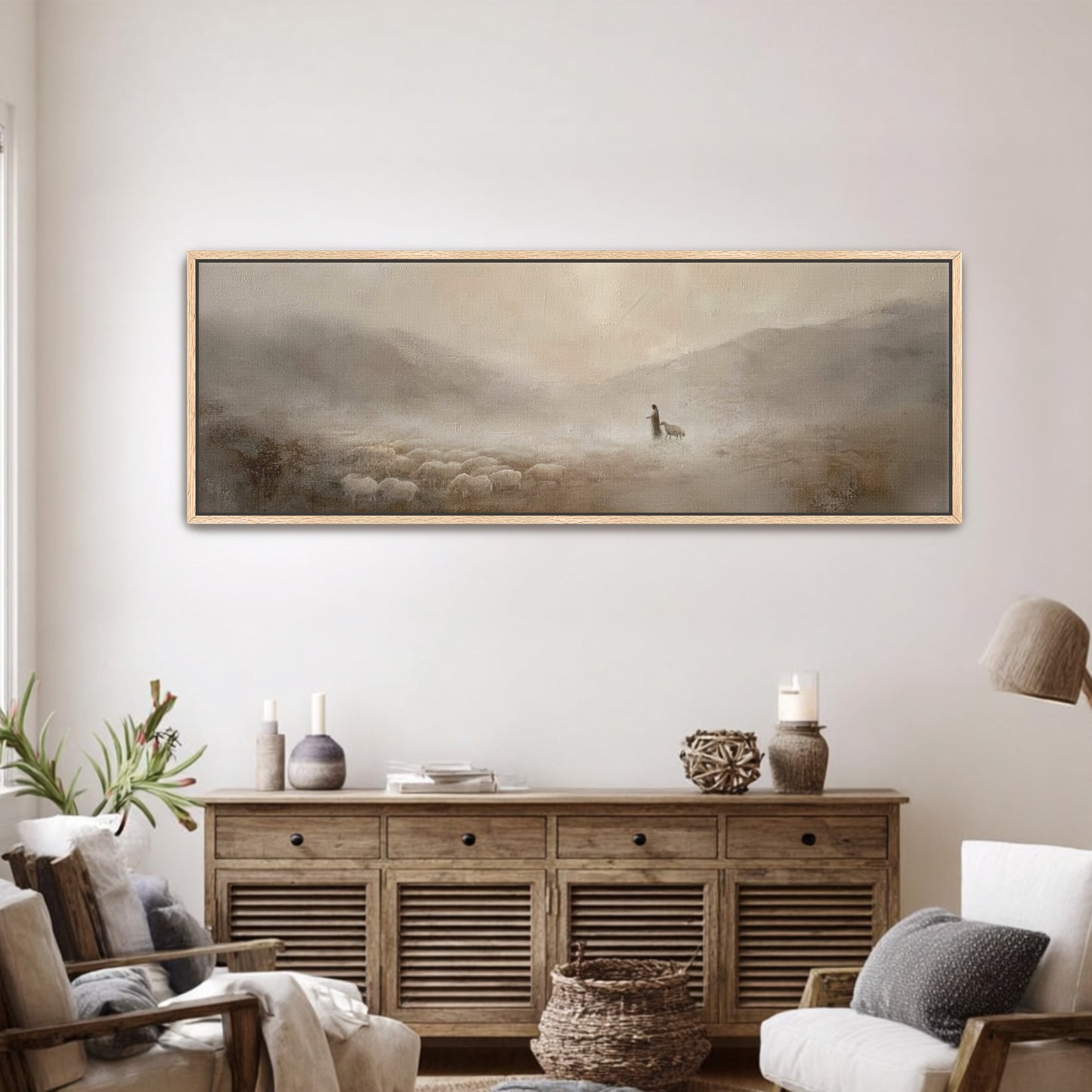 Jesus und das verlorene Schaf – Leinwanddruck – Minimalistische christliche Wandkunst – Leinwand mit Schattenfugenrahmen