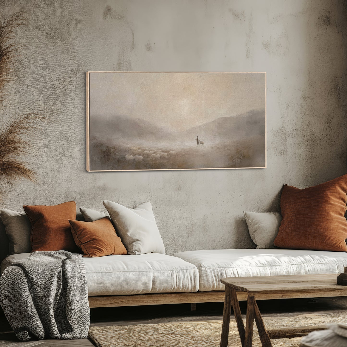 Jesus und das verlorene Schaf – Leinwanddruck – Minimalistische christliche Wandkunst – Leinwand mit Schattenfugenrahmen