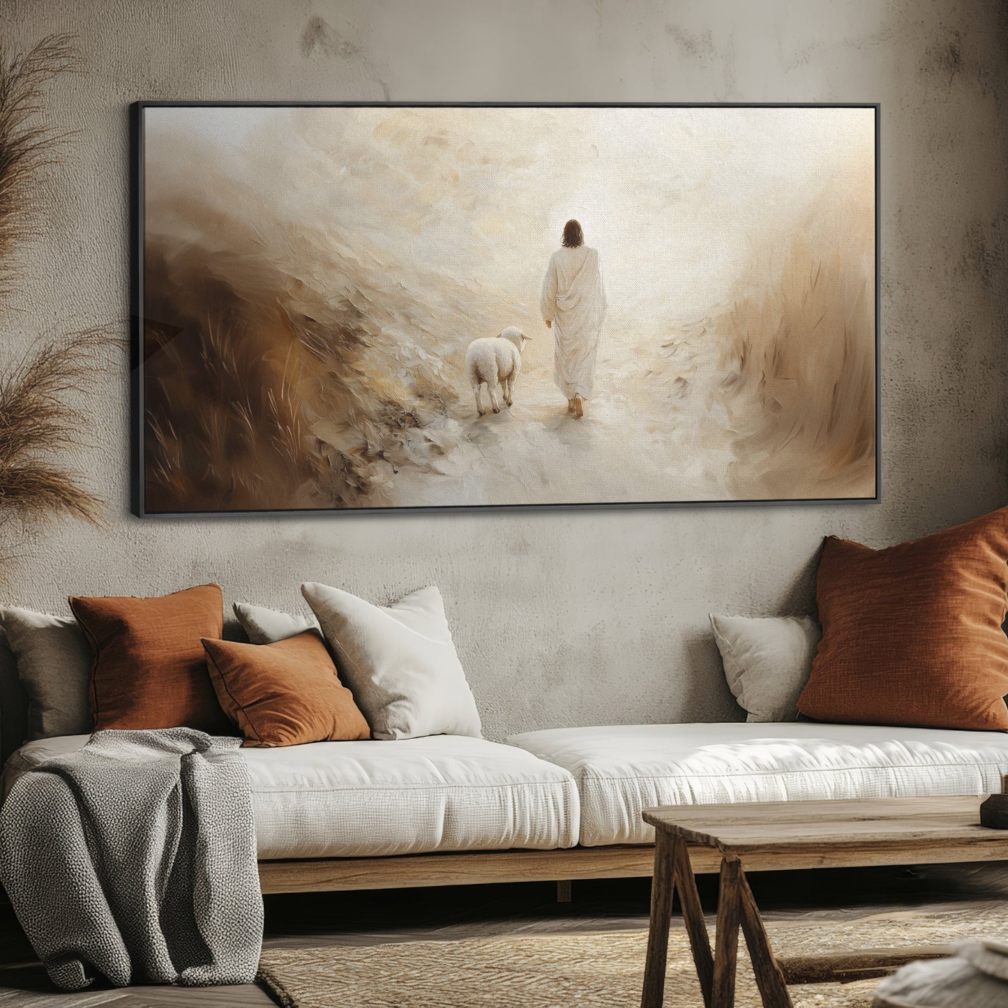 Jesus-Wandbild – Verlorenes Lamm – Minimalistisches christliches Wandbild – Leinwand mit Schattenfugenrahmen