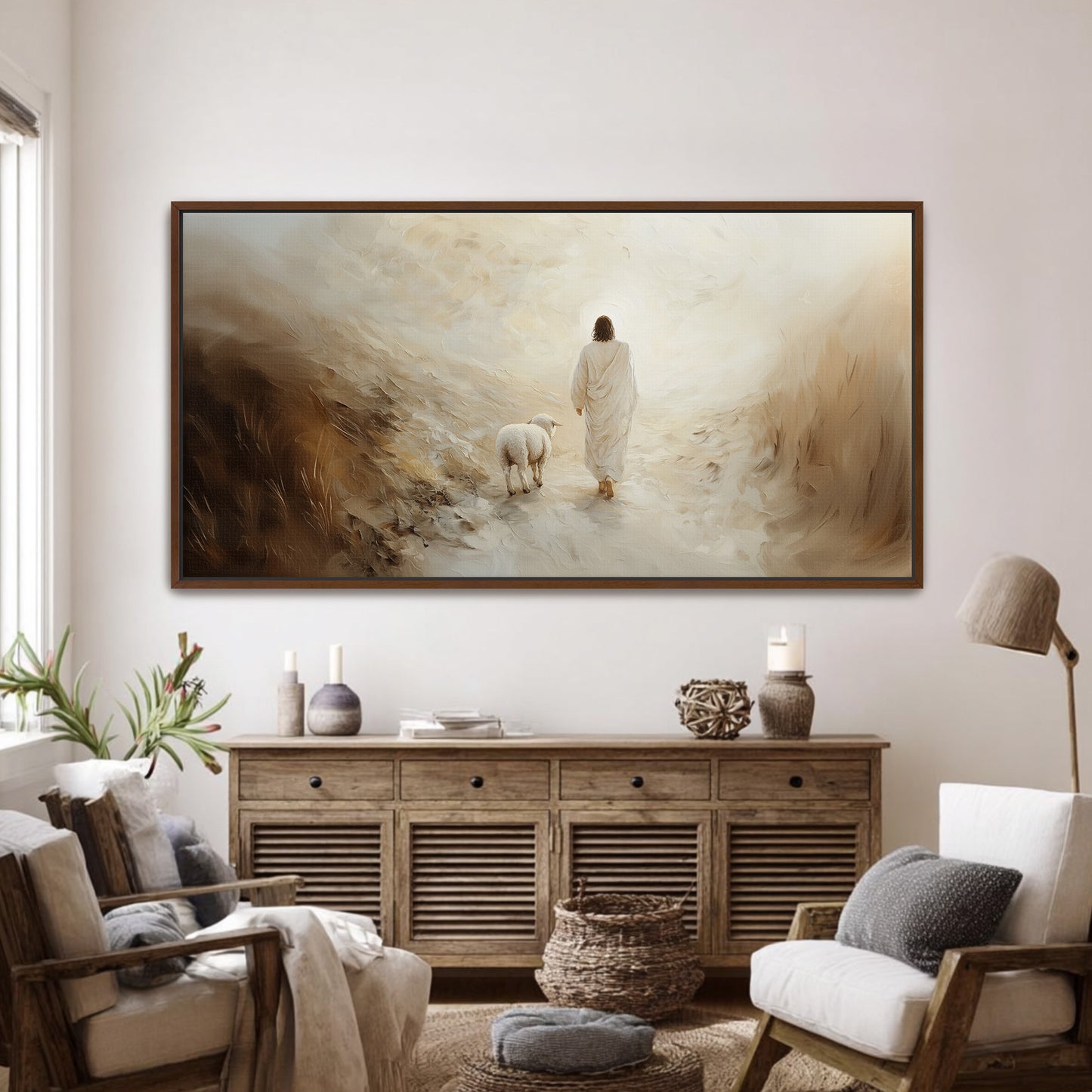 Jesus-Wandbild – Verlorenes Lamm – Minimalistisches christliches Wandbild – Leinwand mit Schattenfugenrahmen