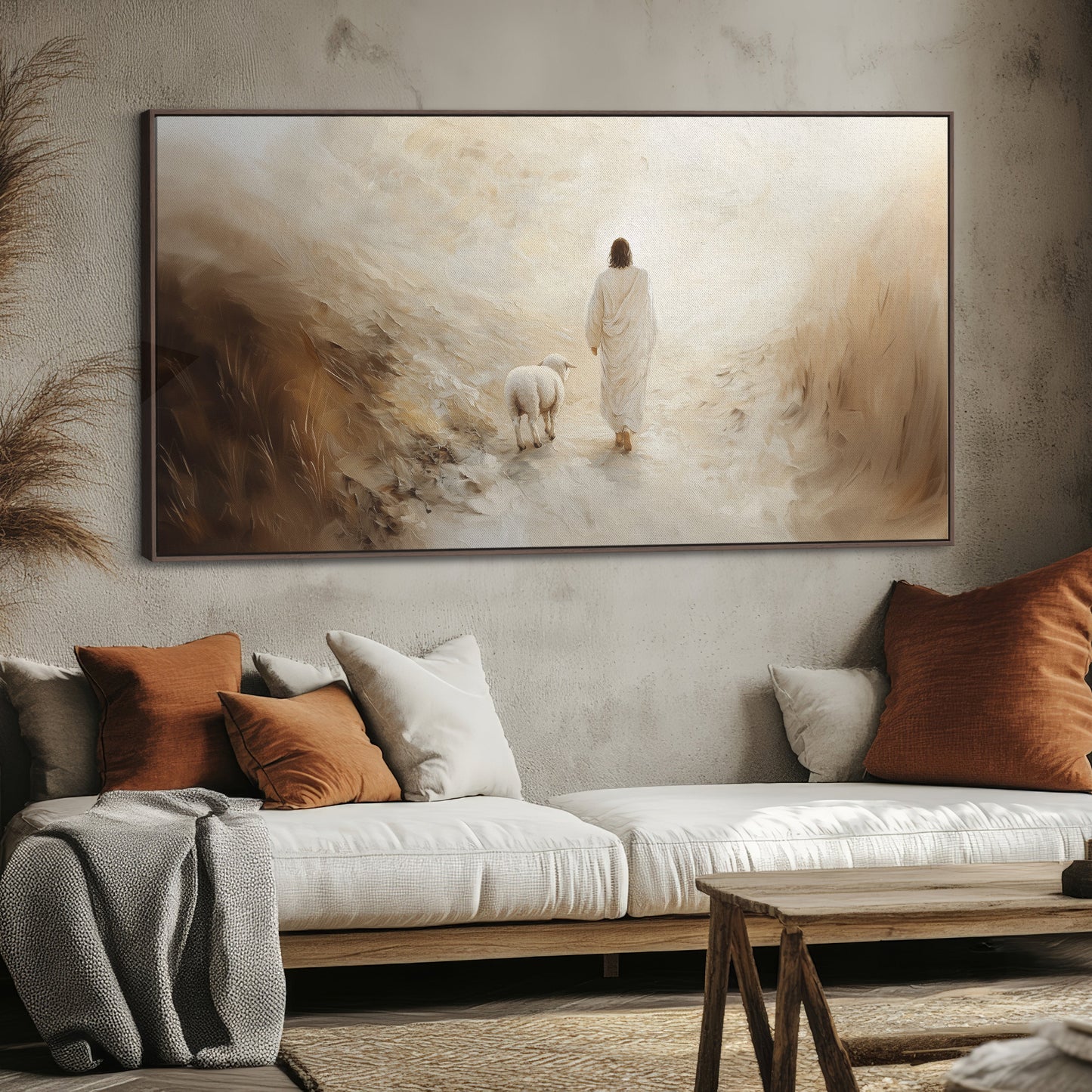 Jesus-Wandbild – Verlorenes Lamm – Minimalistisches christliches Wandbild – Leinwand mit Schattenfugenrahmen