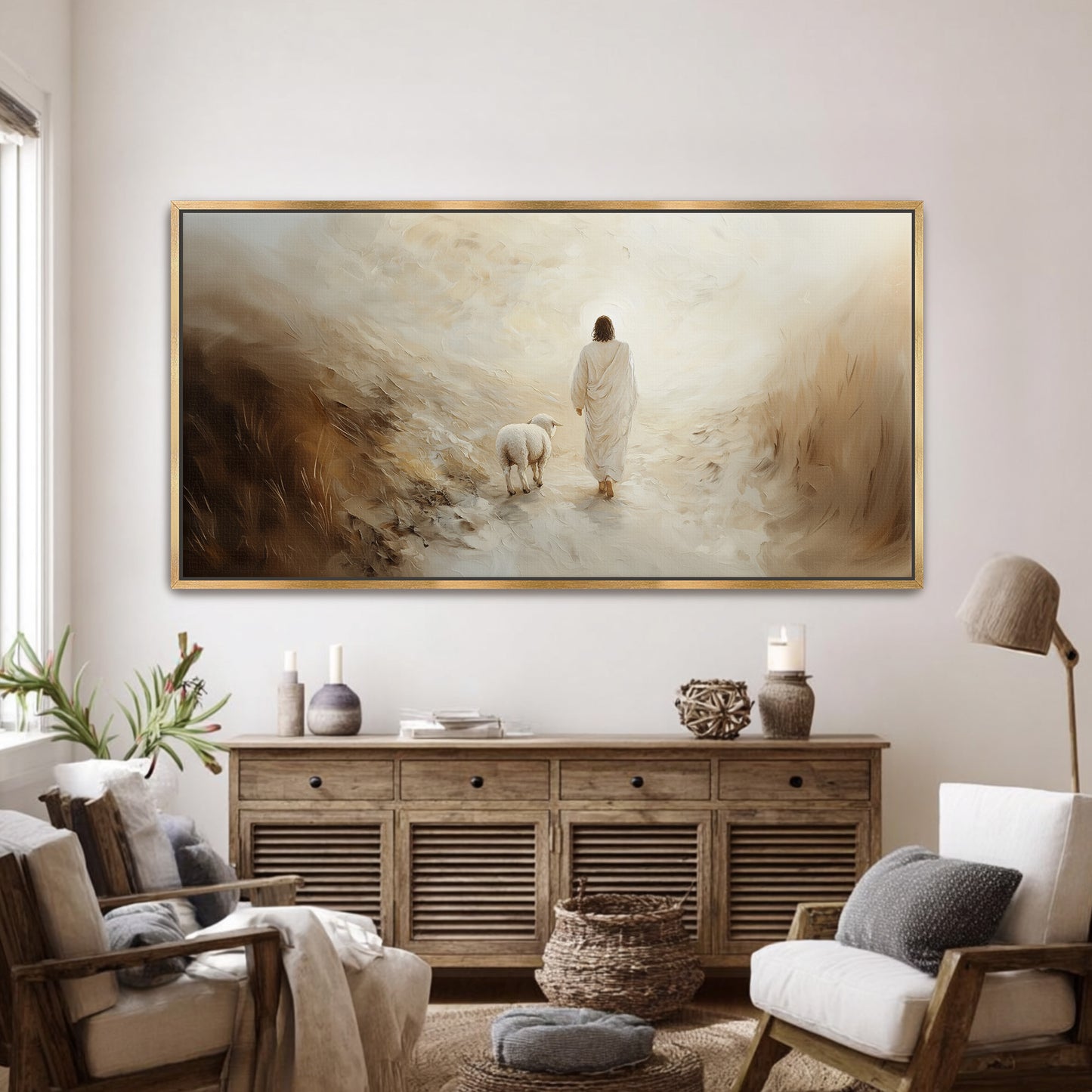Jesus-Wandbild – Verlorenes Lamm – Minimalistisches christliches Wandbild – Leinwand mit Schattenfugenrahmen