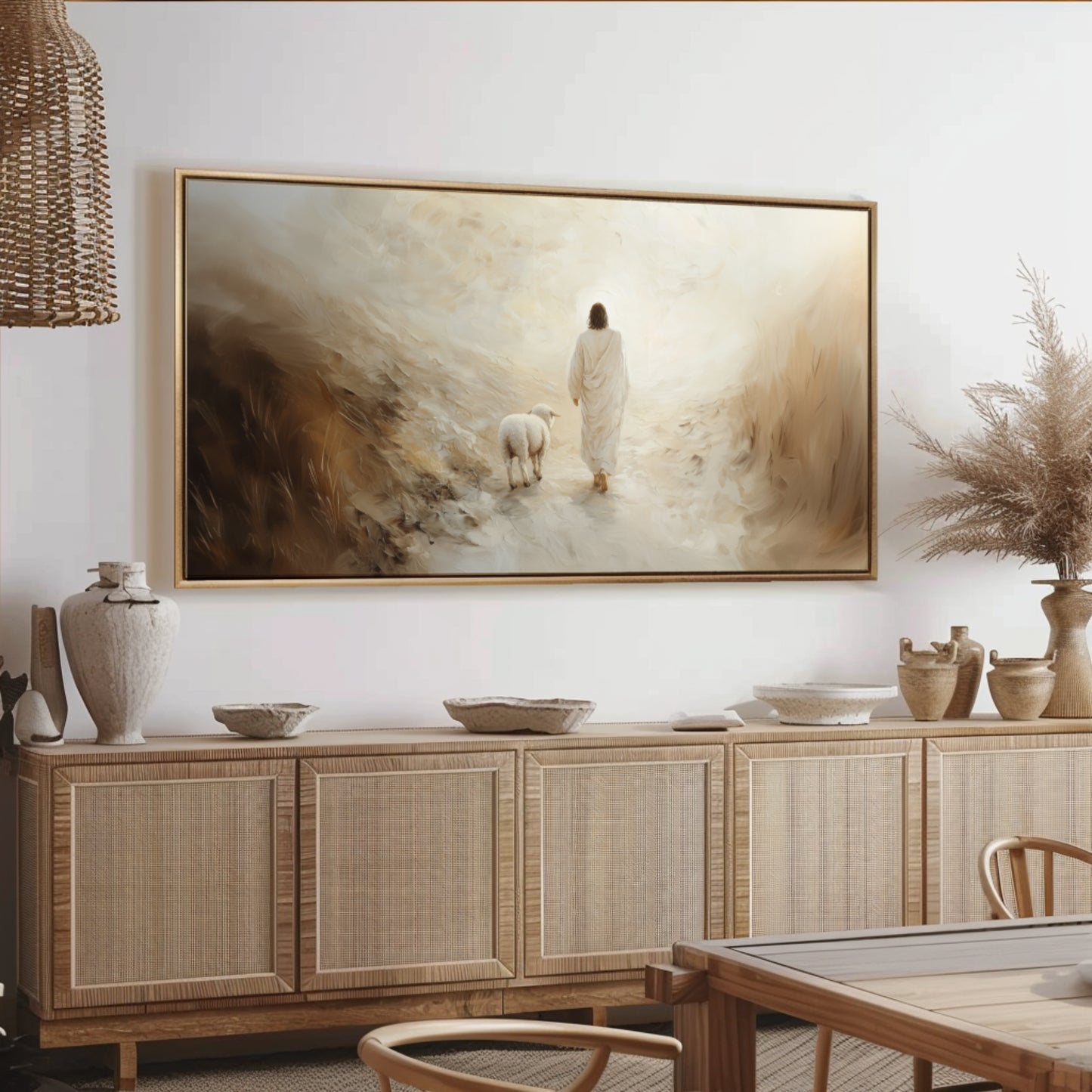 Jesus-Wandbild – Verlorenes Lamm – Minimalistisches christliches Wandbild – Leinwand mit Schattenfugenrahmen