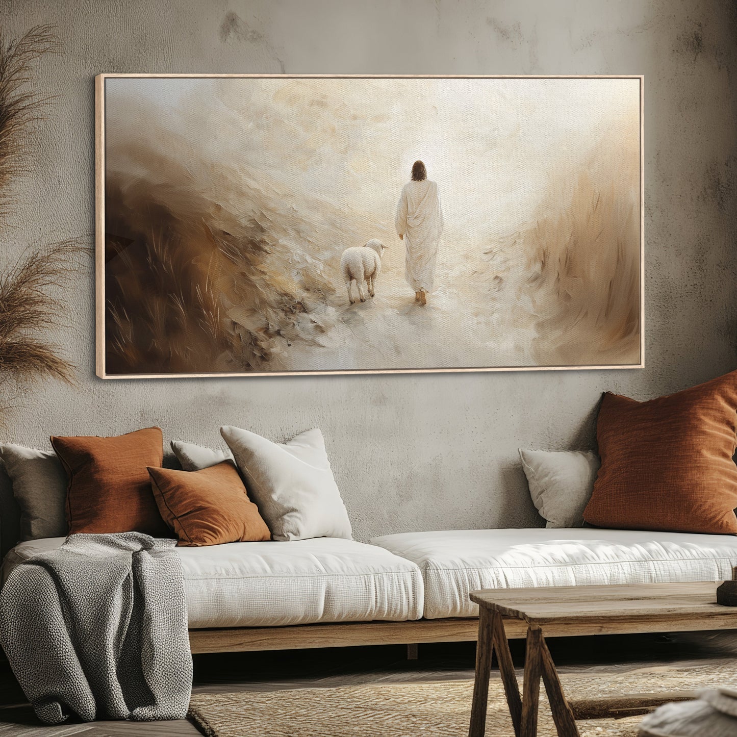 Jesus-Wandbild – Verlorenes Lamm – Minimalistisches christliches Wandbild – Leinwand mit Schattenfugenrahmen