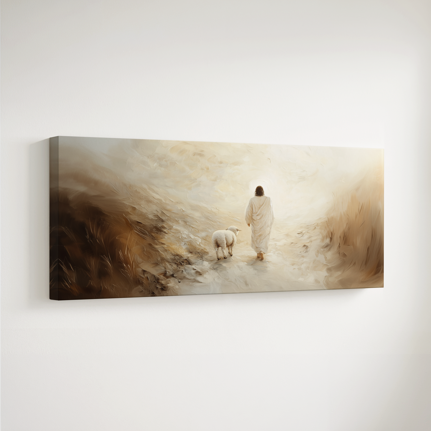 Jesus-Wandbild – Verlorenes Lamm – Minimalistisches christliches Wandbild – Leinwand mit Schattenfugenrahmen