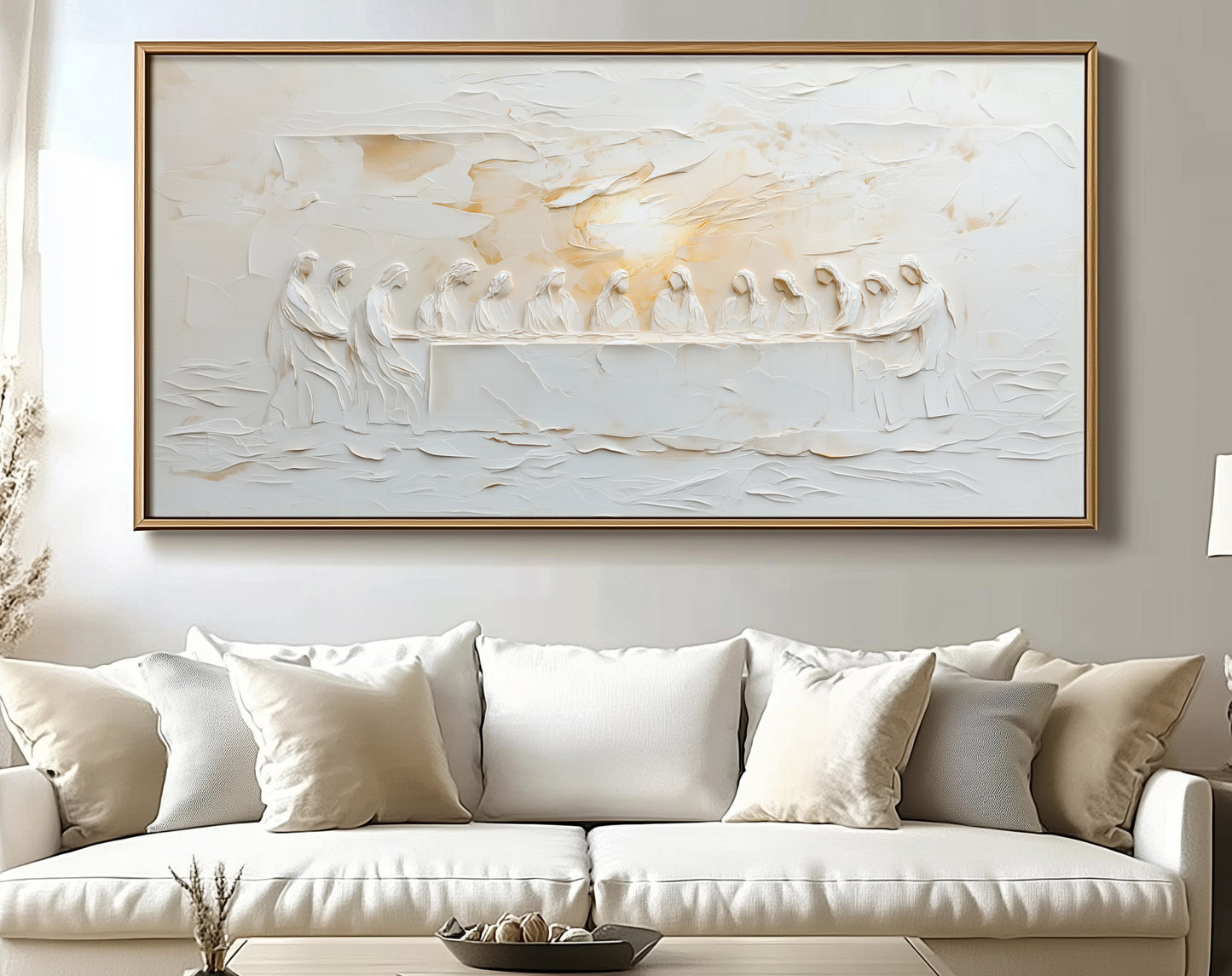 Representación escénica de La Última Cena Abstracta Beige - Lienzo con marco flotante