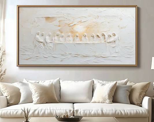 Representación escénica de La Última Cena Abstracta Beige - Lienzo con marco flotante