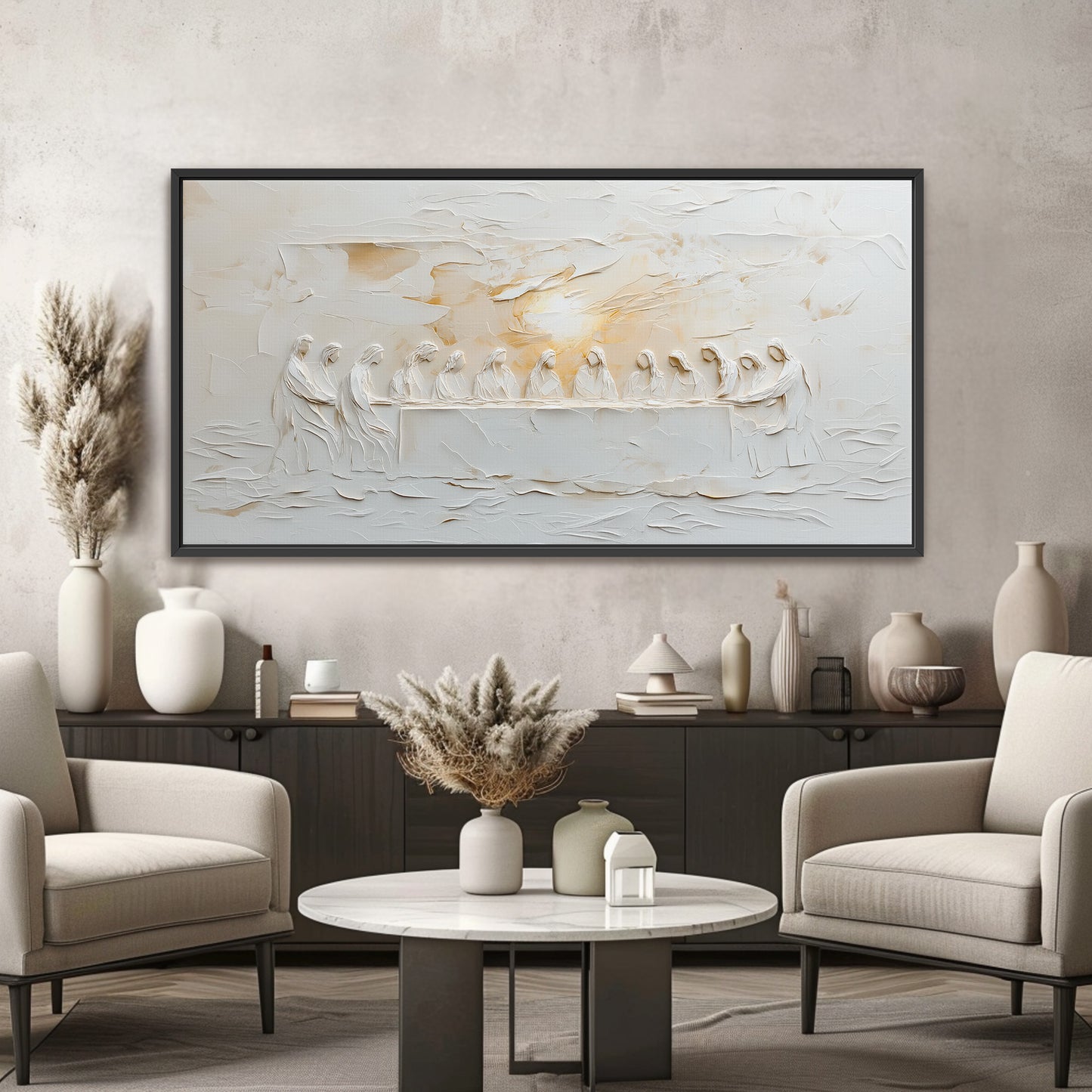 Szenerische Darstellung des letzten Abendmahls, abstrakt, beige - Leinwand mit Schattenfugenrahmen