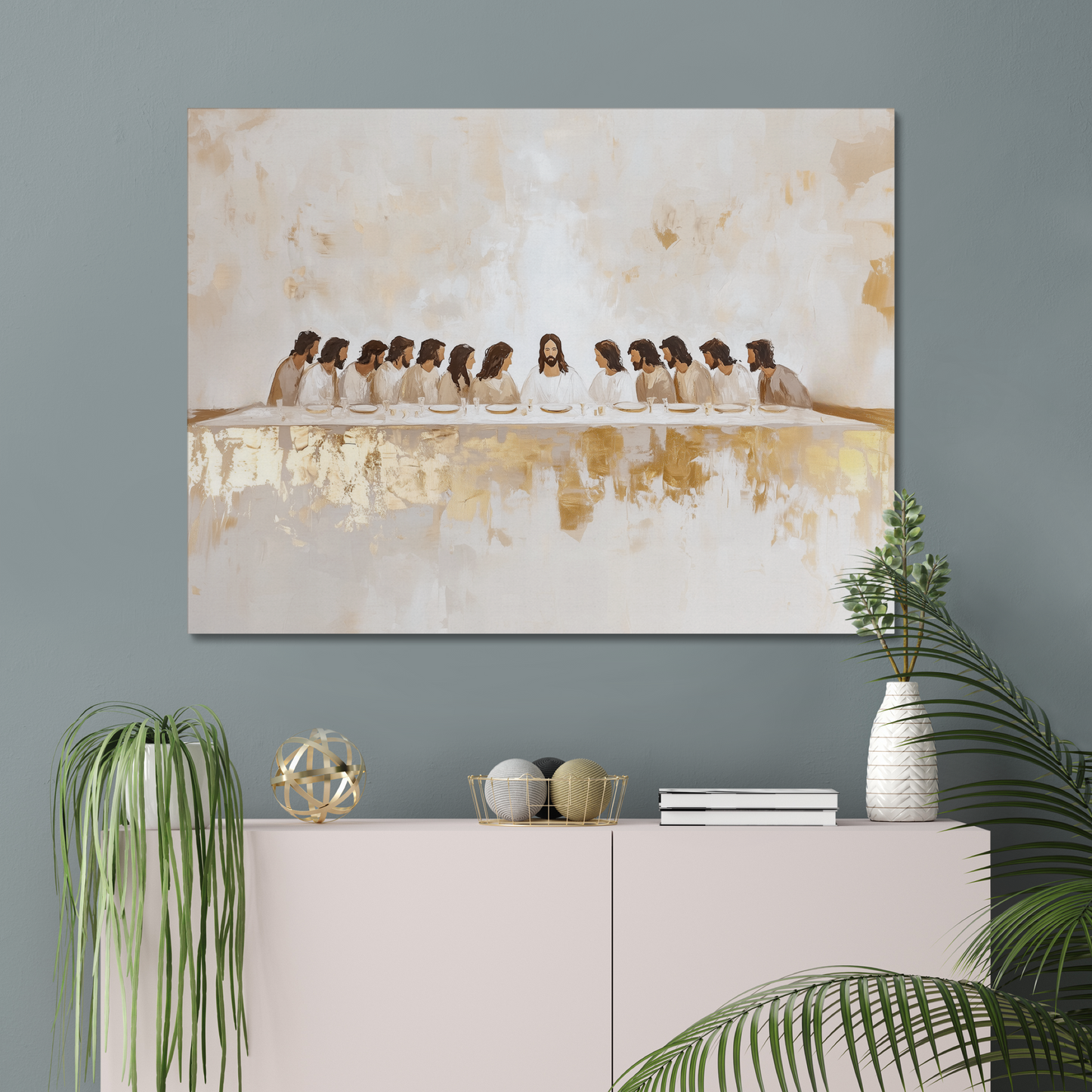 La Última Cena Abstracto Dorado - Lienzo con Marco Flotante