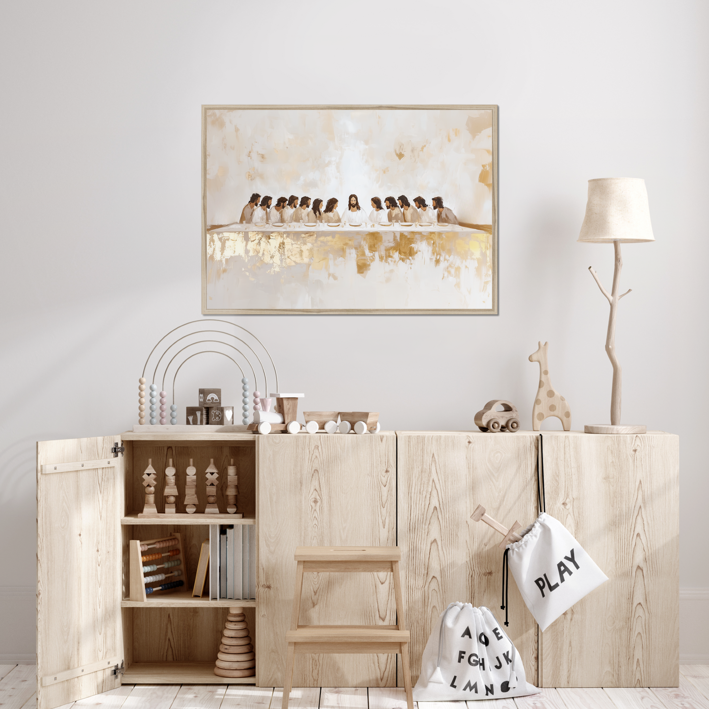 La Última Cena Abstracto Dorado - Lienzo con Marco Flotante