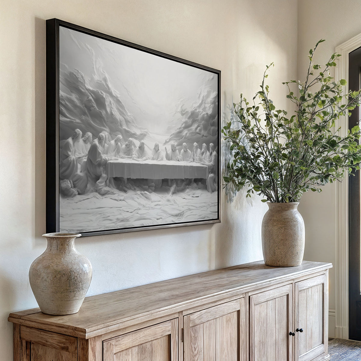 Last Supper Abstract Canvas Print, Black White Christian Wall Art  - Float Frame Canvas