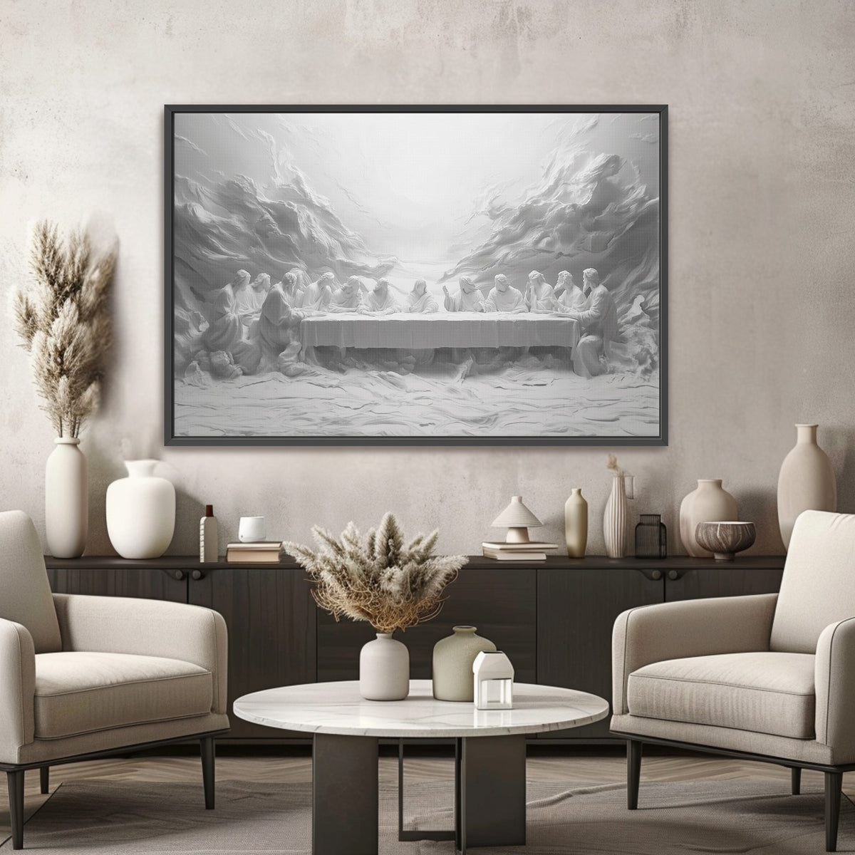 Last Supper Abstract Canvas Print, Black White Christian Wall Art  - Float Frame Canvas