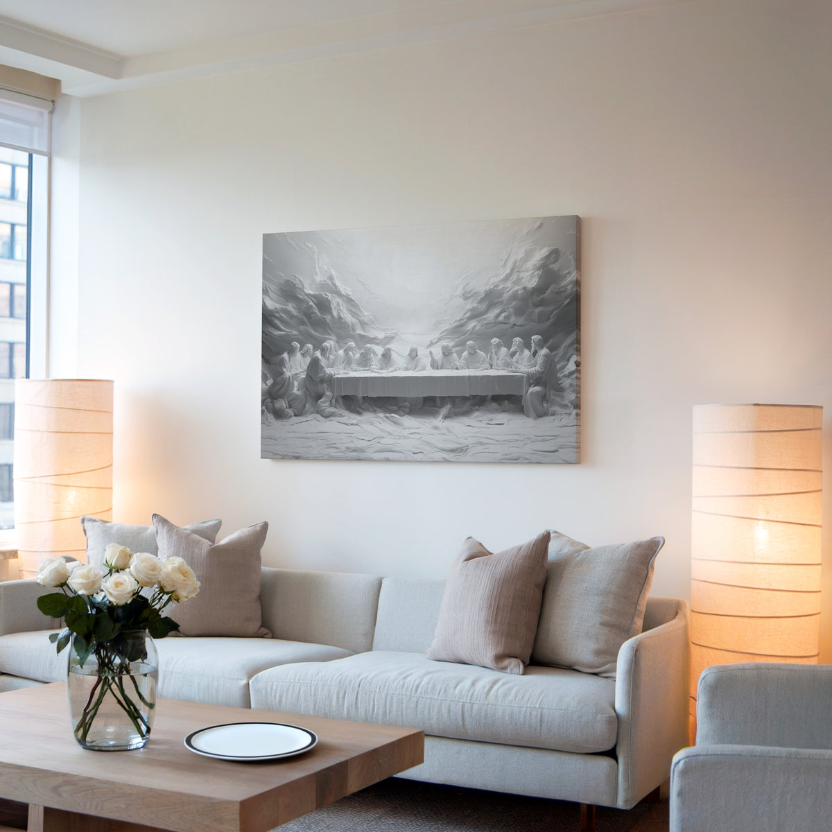 Last Supper Abstract Canvas Print, Black White Christian Wall Art  - Float Frame Canvas