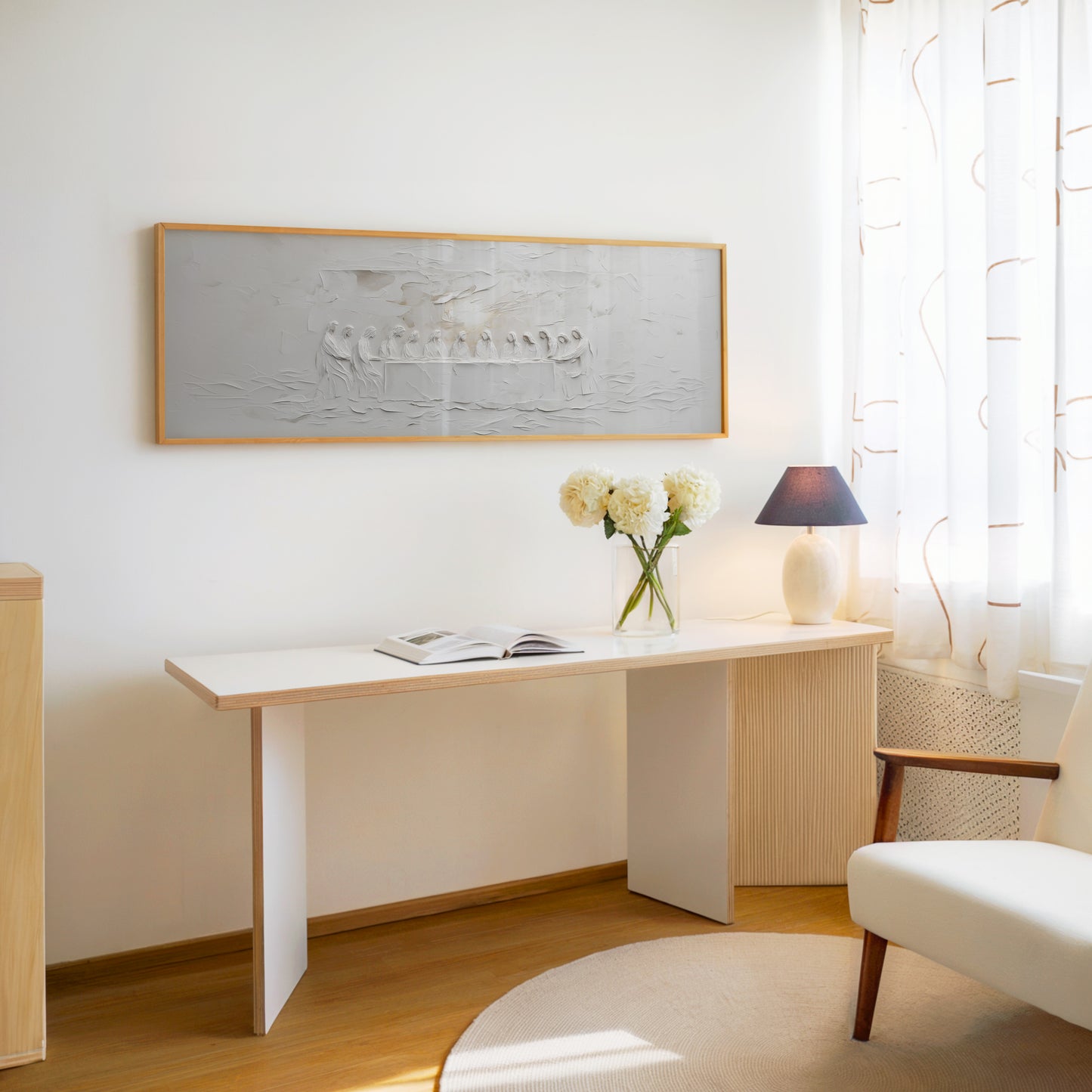 Representación escénica de La Última Cena, abstracto, gris suave - Lienzo con marco flotante