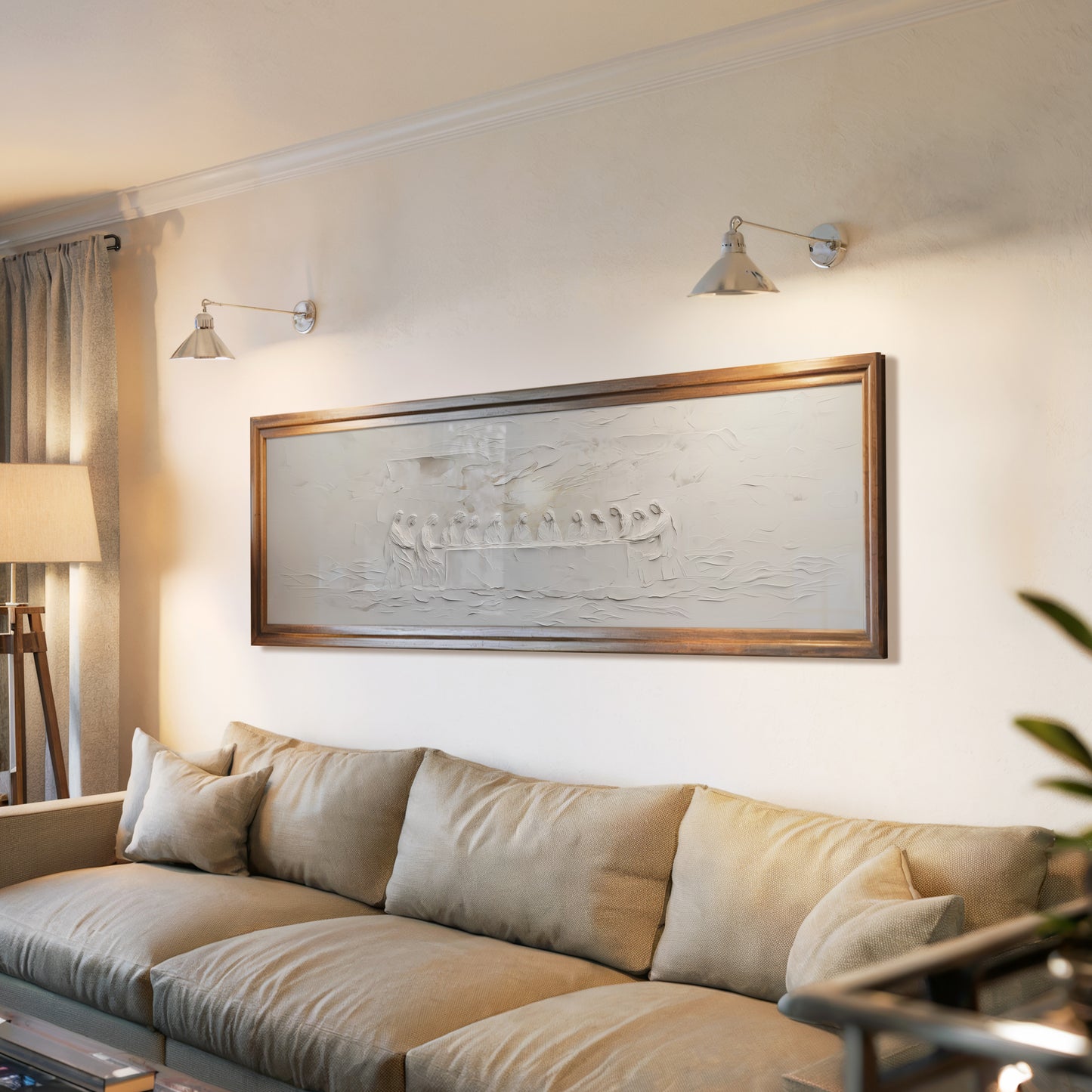 Representación escénica de La Última Cena, abstracto, gris suave - Lienzo con marco flotante