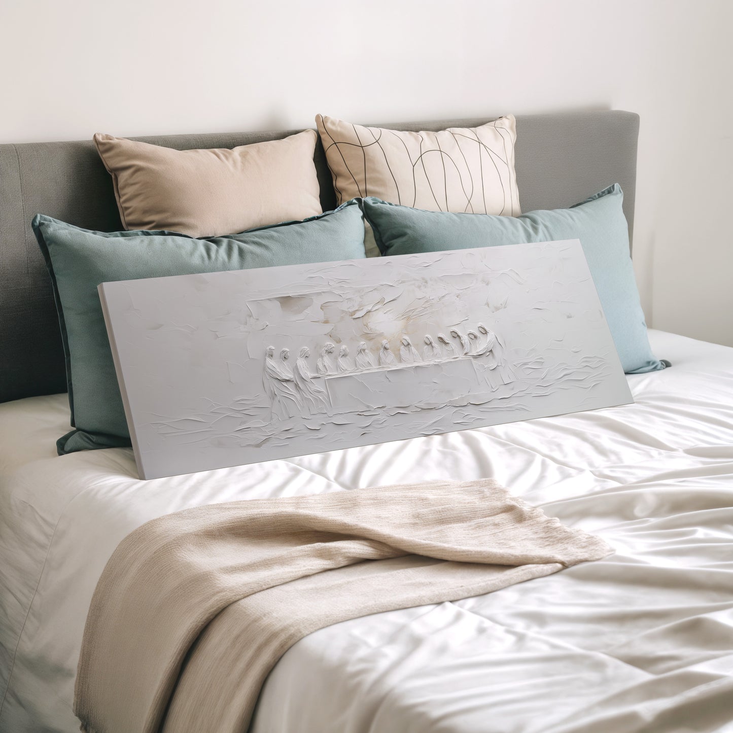 Representación escénica de La Última Cena, abstracta, gris suave - Lienzo estirado