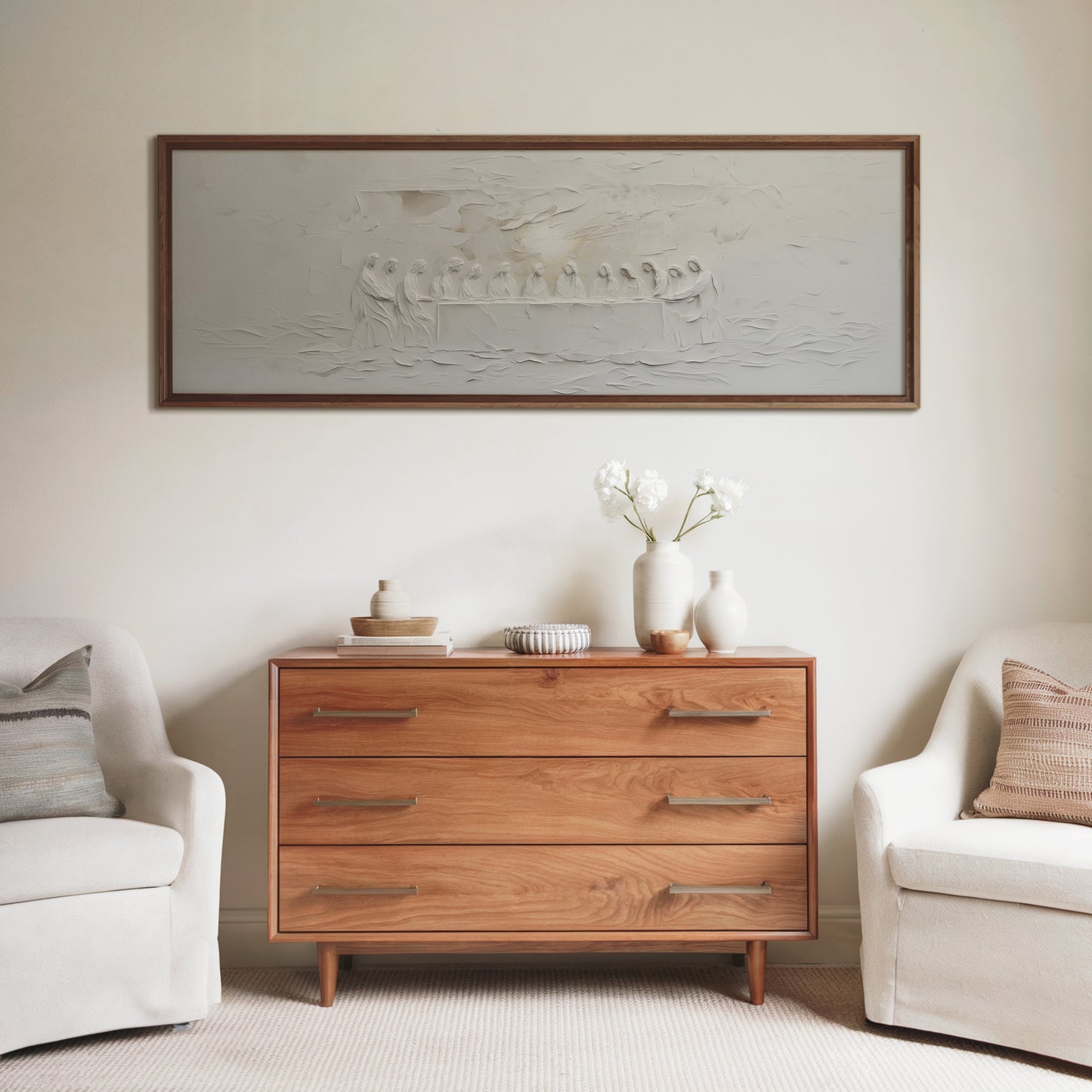 Representación escénica de La Última Cena, abstracto, gris suave - Lienzo con marco flotante