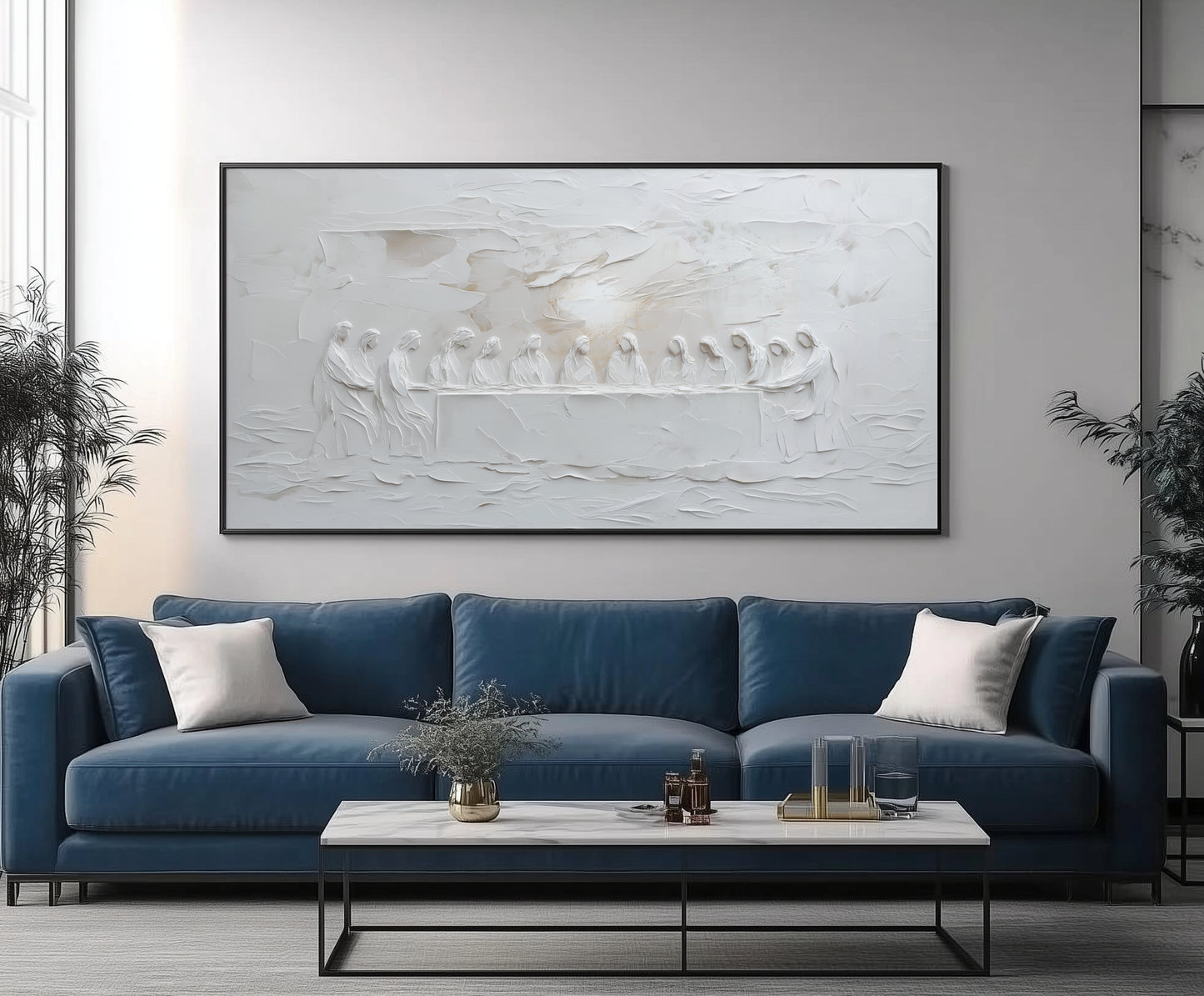 Representación escénica de La Última Cena, abstracto, gris suave - Lienzo con marco flotante