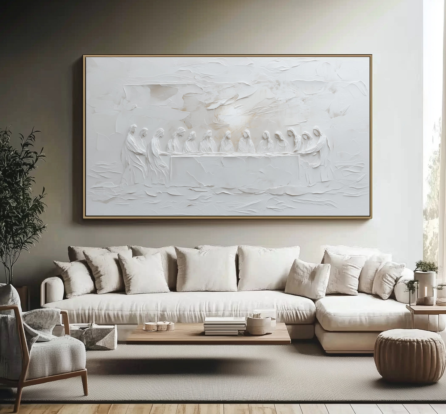 Representación escénica de La Última Cena, abstracto, gris suave - Lienzo con marco flotante