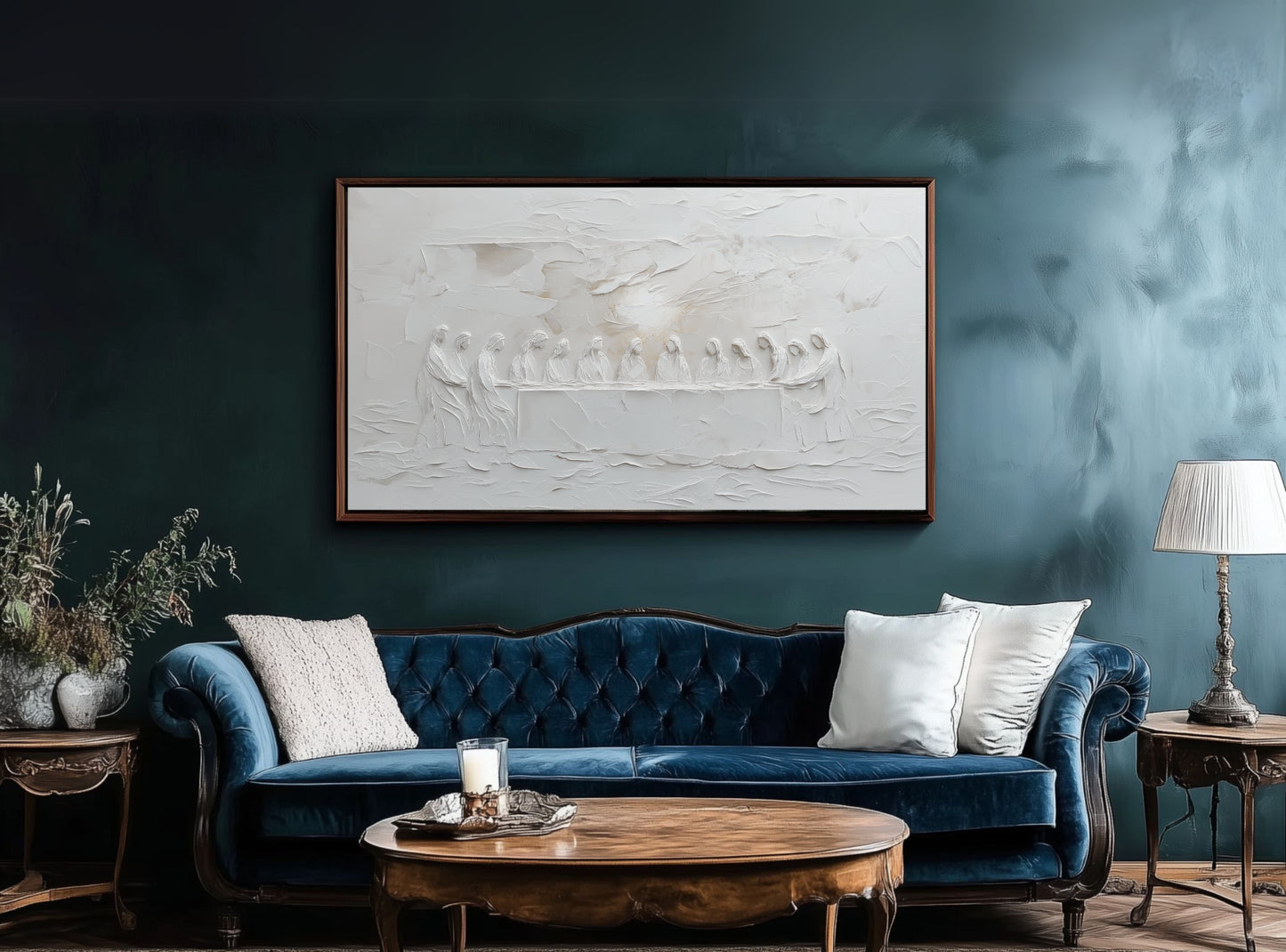 Representación escénica de La Última Cena, abstracto, gris suave - Lienzo con marco flotante