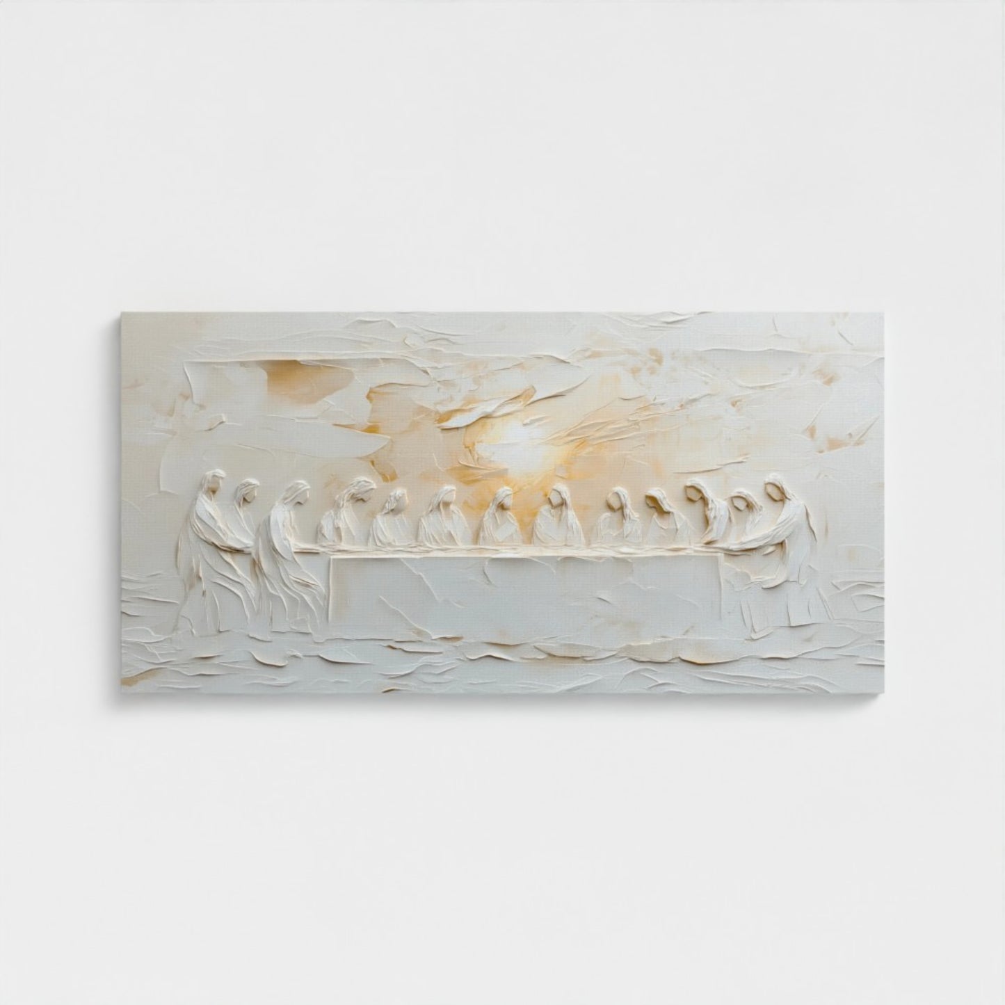 Representación escénica de La Última Cena Abstracta Beige - Lienzo con marco flotante