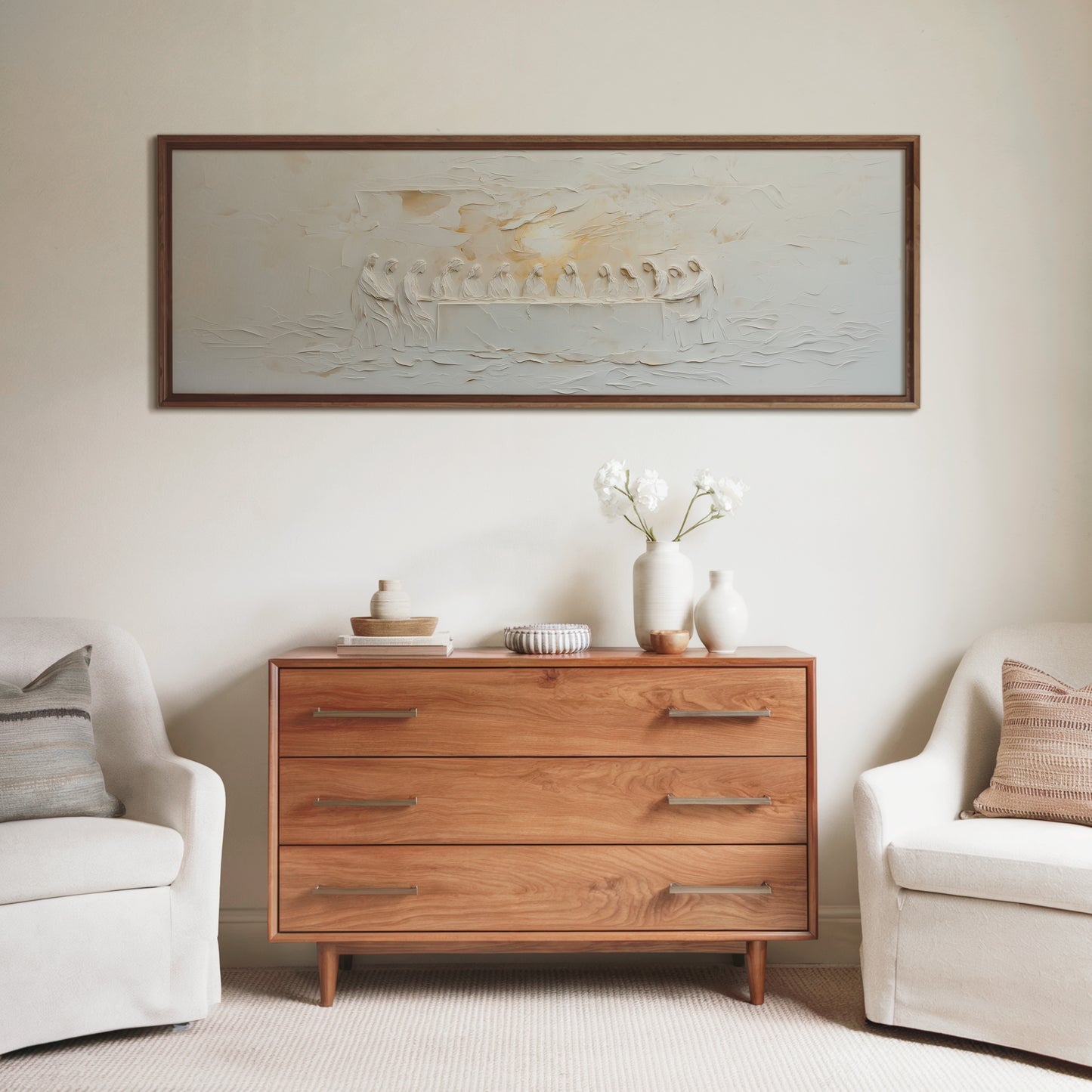 Representación escénica de La Última Cena Abstracta Beige - Lienzo con marco flotante