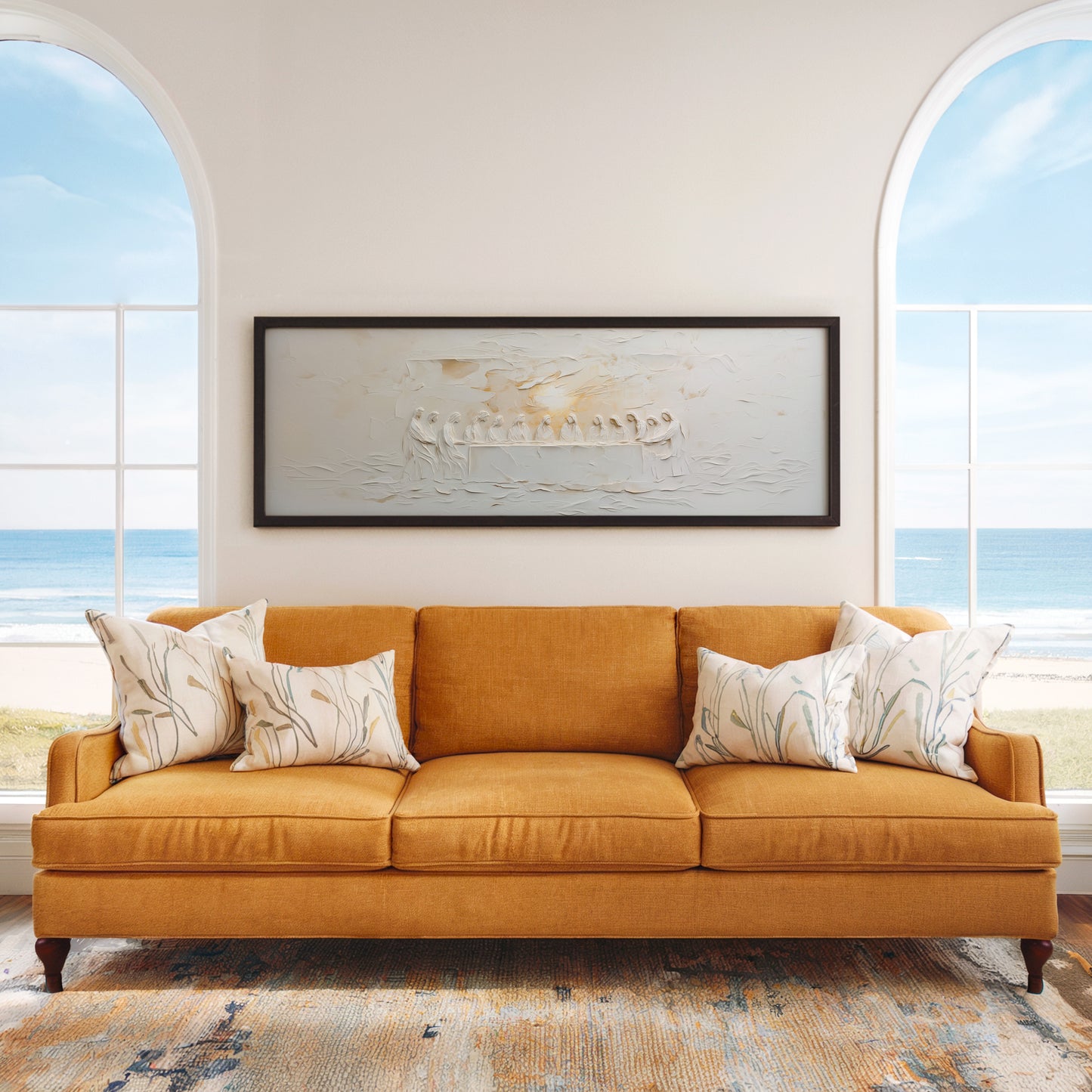 Representación escénica de La Última Cena Abstracta Beige - Lienzo con marco flotante