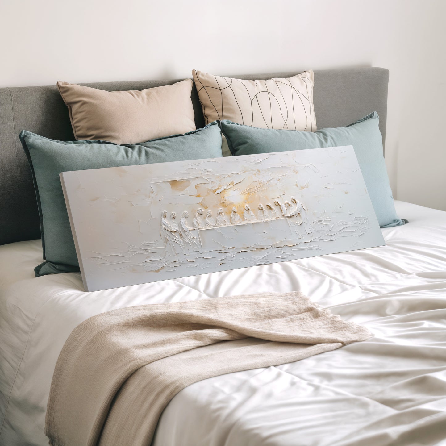 Representación escénica de La Última Cena Abstracta Beige - Lienzo con marco flotante