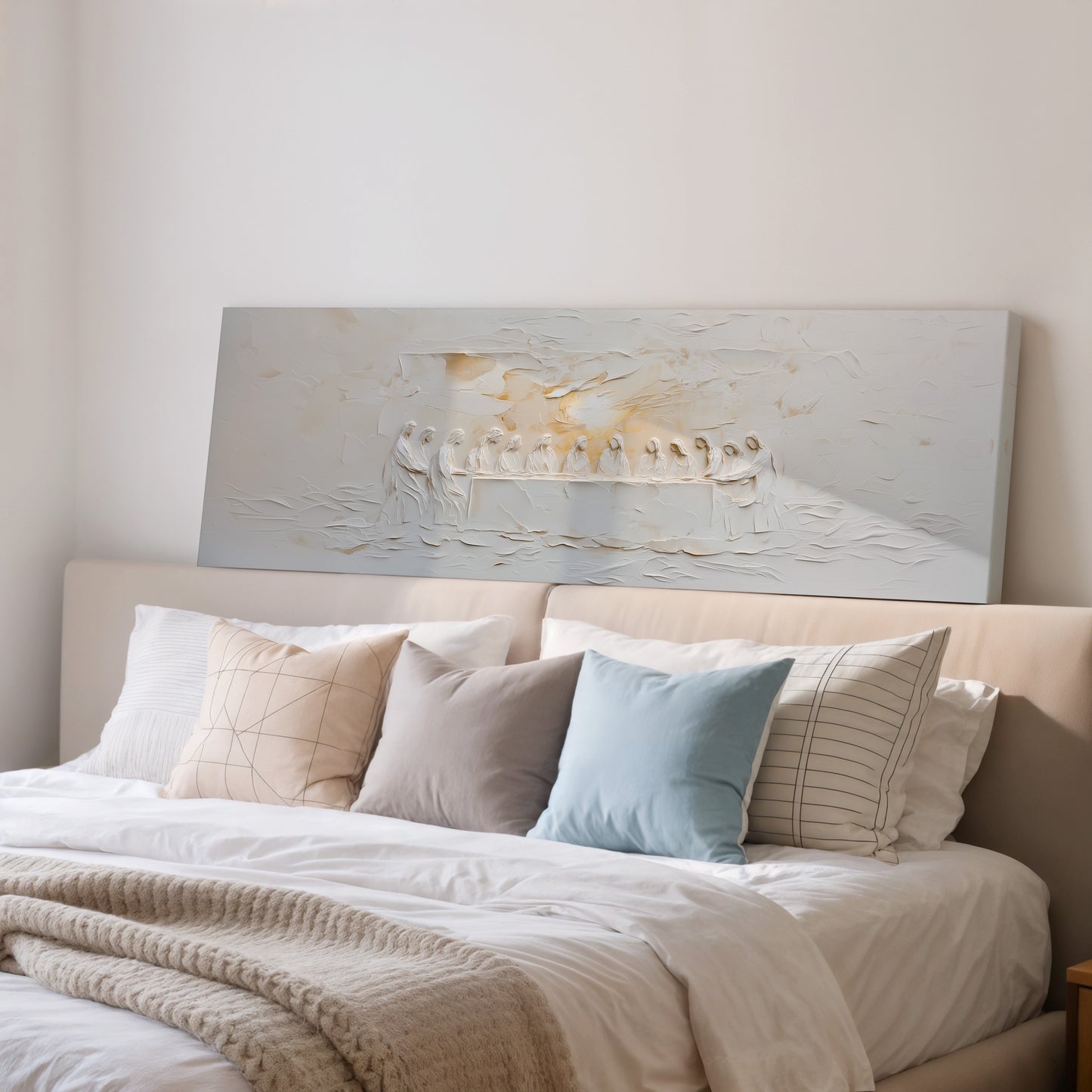 Representación escénica de La Última Cena Abstracta Beige - Lienzo con marco flotante