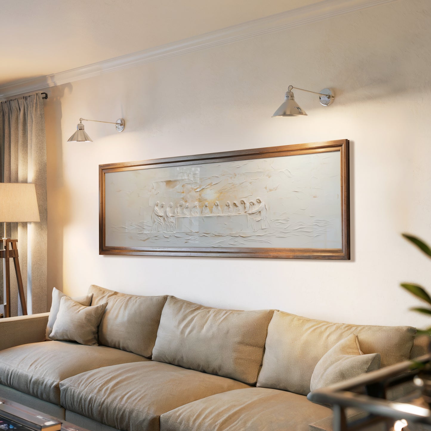 Representación escénica de La Última Cena Abstracta Beige - Lienzo con marco flotante