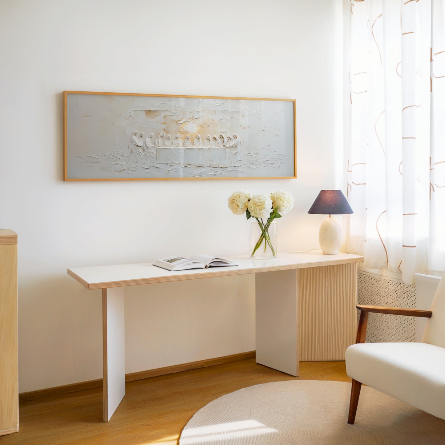 Representación escénica de La Última Cena Abstracta Beige - Lienzo con marco flotante