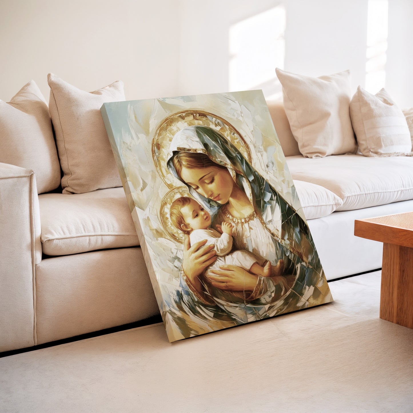 Virgen María abrazando al Niño Jesús beige - Lienzo estirado