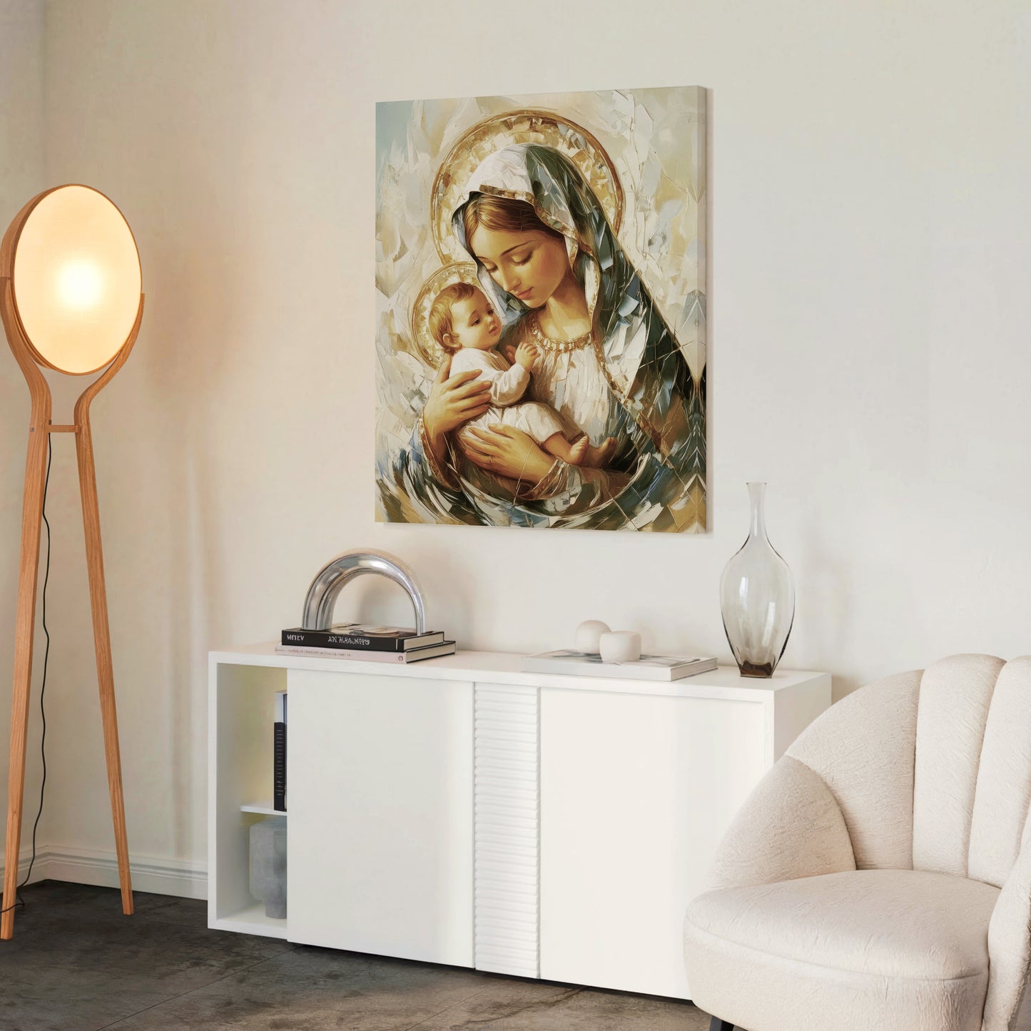 Virgen María abrazando al Niño Jesús beige - Lienzo estirado