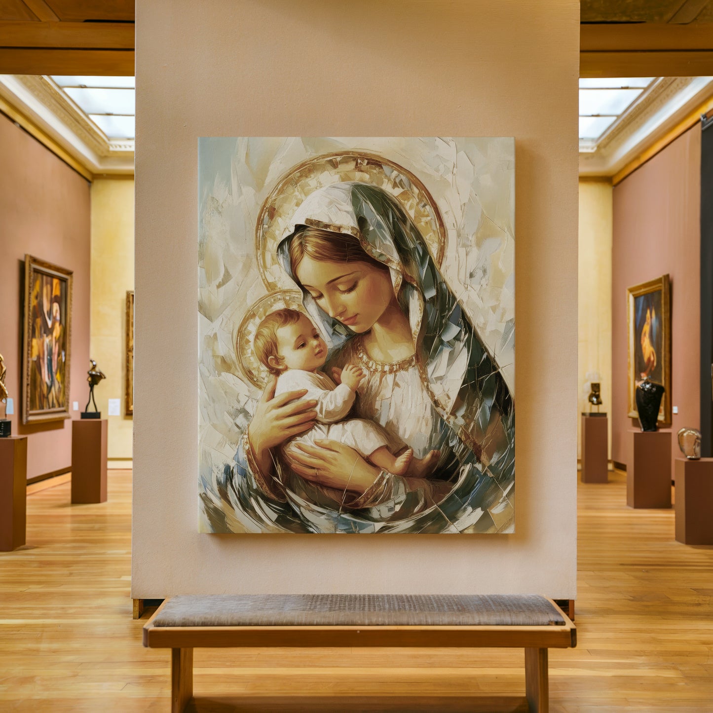 Virgen María abrazando al Niño Jesús beige - Lienzo estirado