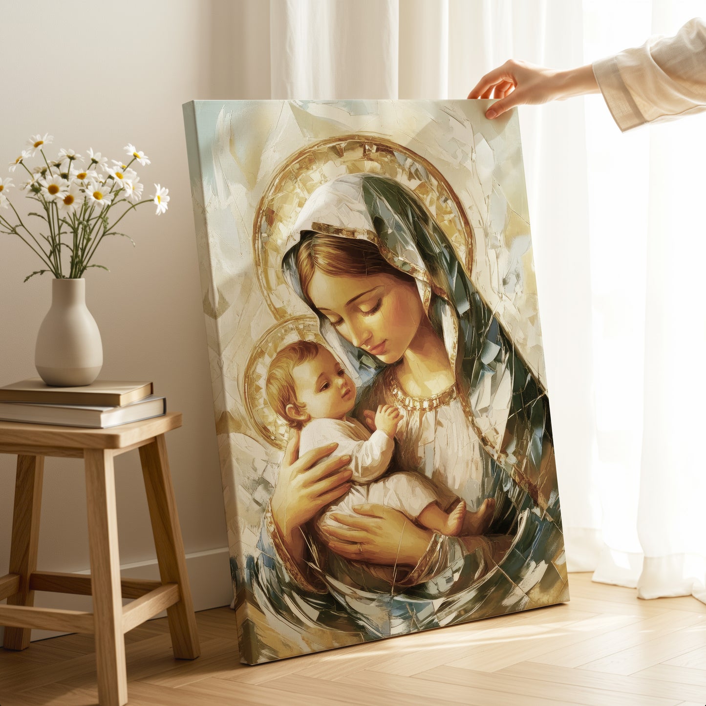 Virgen María abrazando al Niño Jesús beige - Lienzo con marco flotante