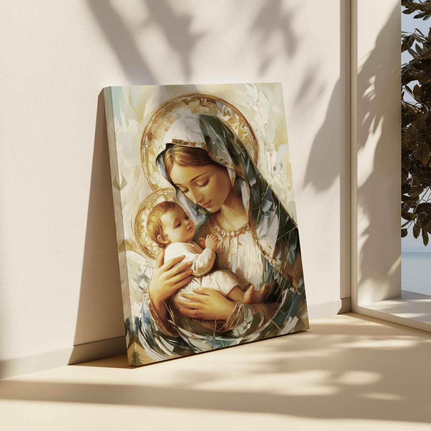 Virgen María abrazando al Niño Jesús beige - Lienzo con marco flotante