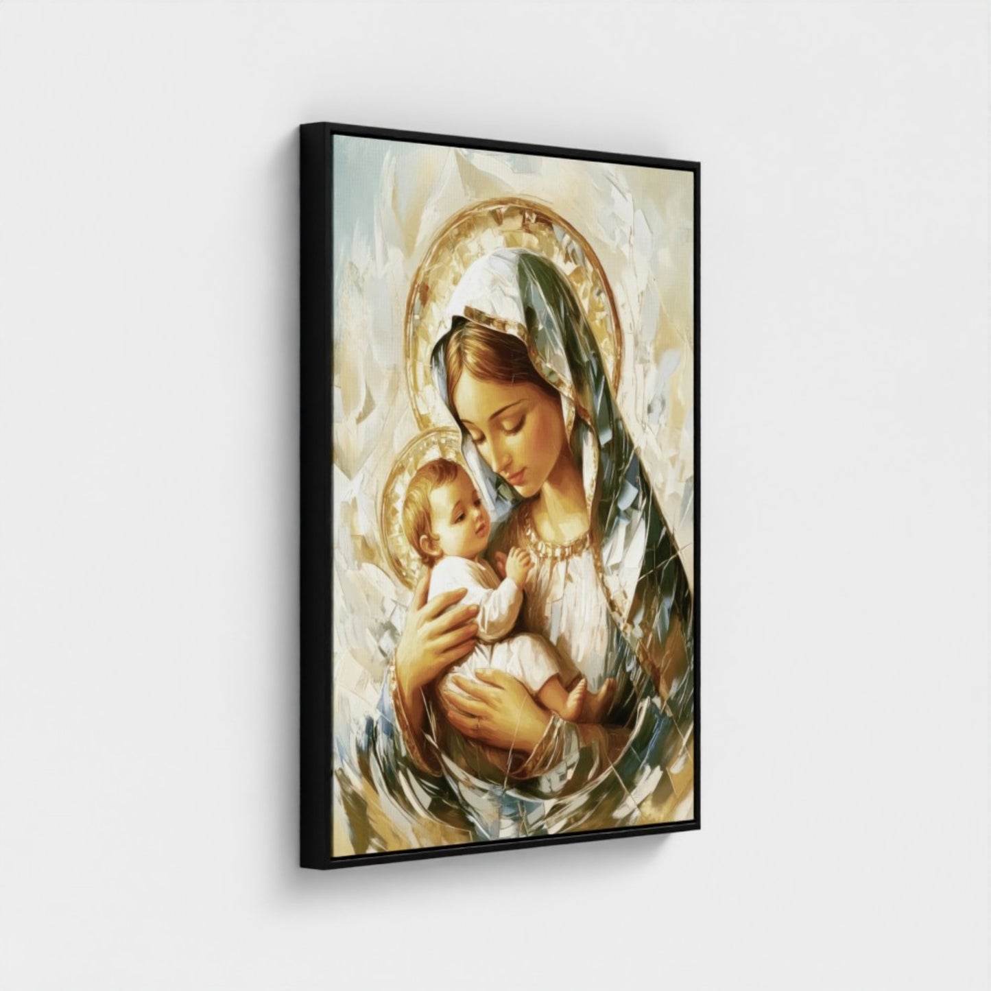 Virgen María abrazando al Niño Jesús beige - Lienzo con marco flotante