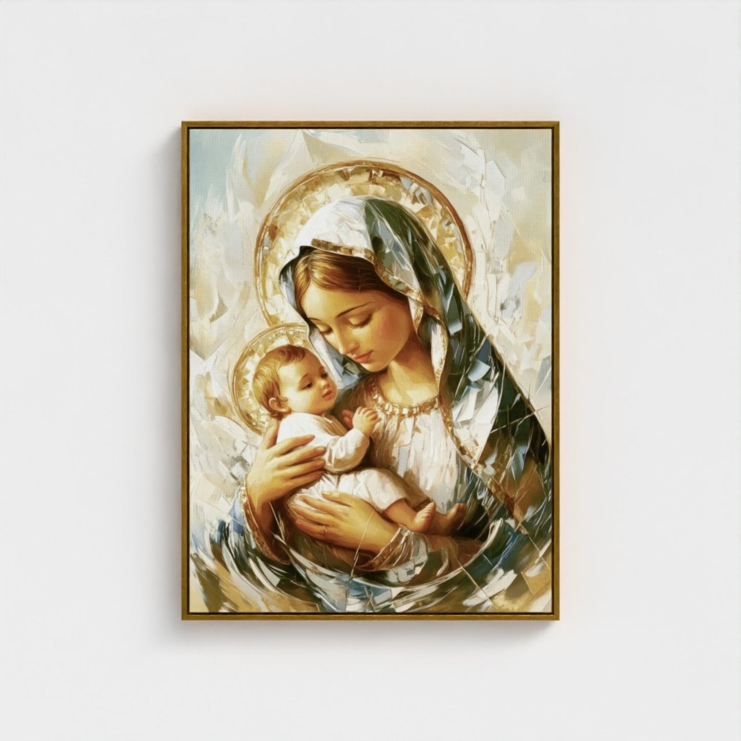 Virgen María abrazando al Niño Jesús beige - Lienzo con marco flotante