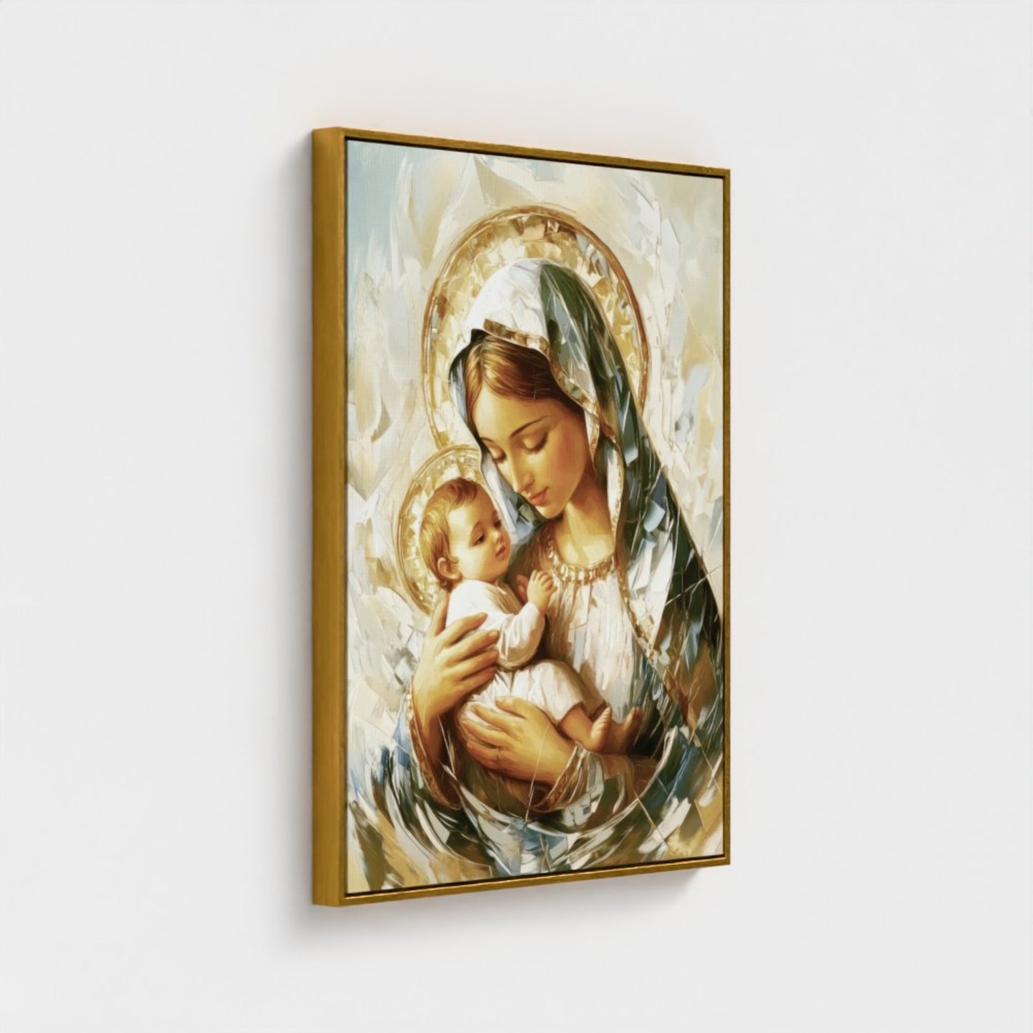 Virgen María abrazando al Niño Jesús beige - Lienzo con marco flotante