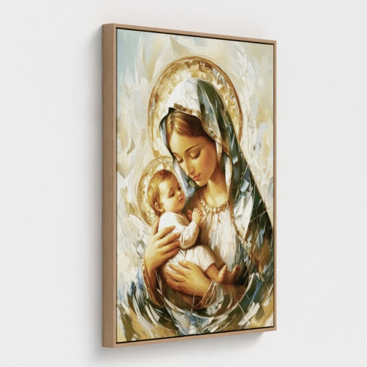Virgen María abrazando al Niño Jesús beige - Lienzo con marco flotante