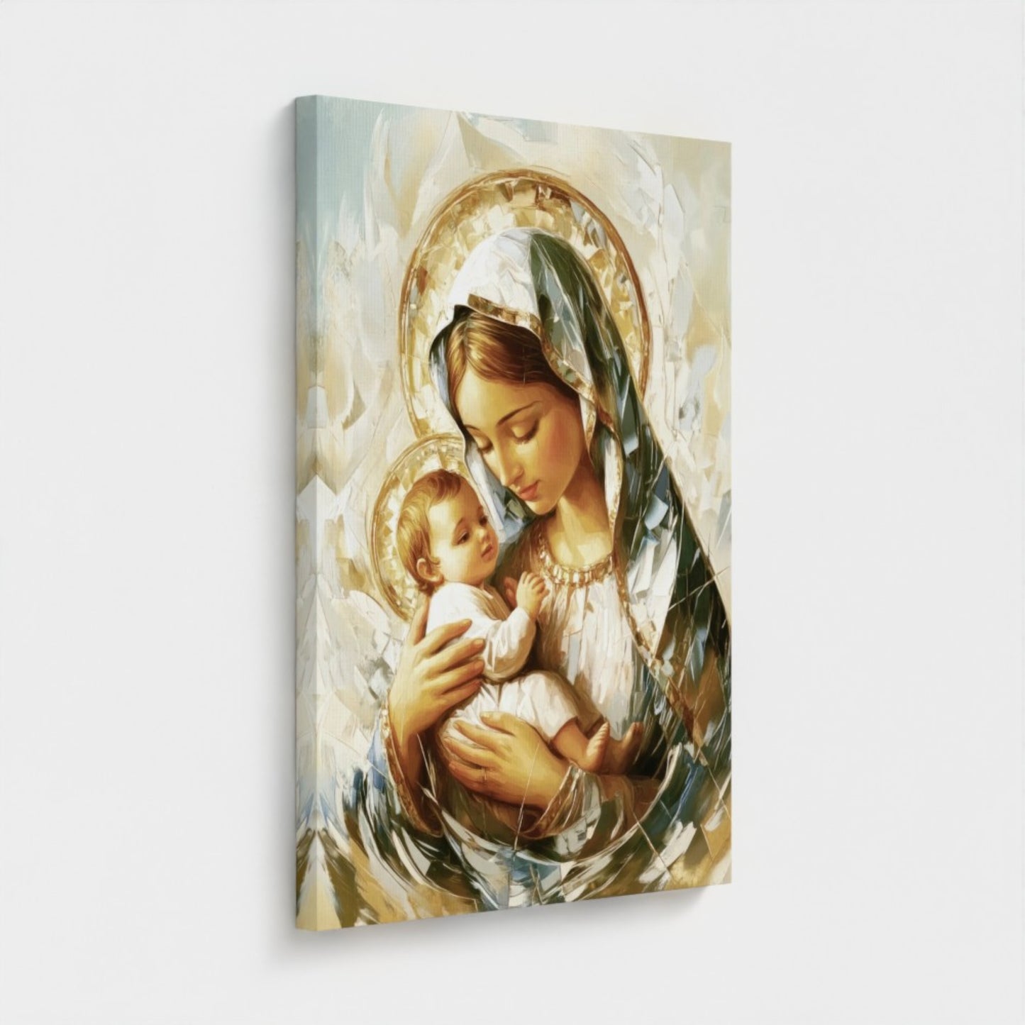 Virgen María abrazando al Niño Jesús beige - Lienzo estirado