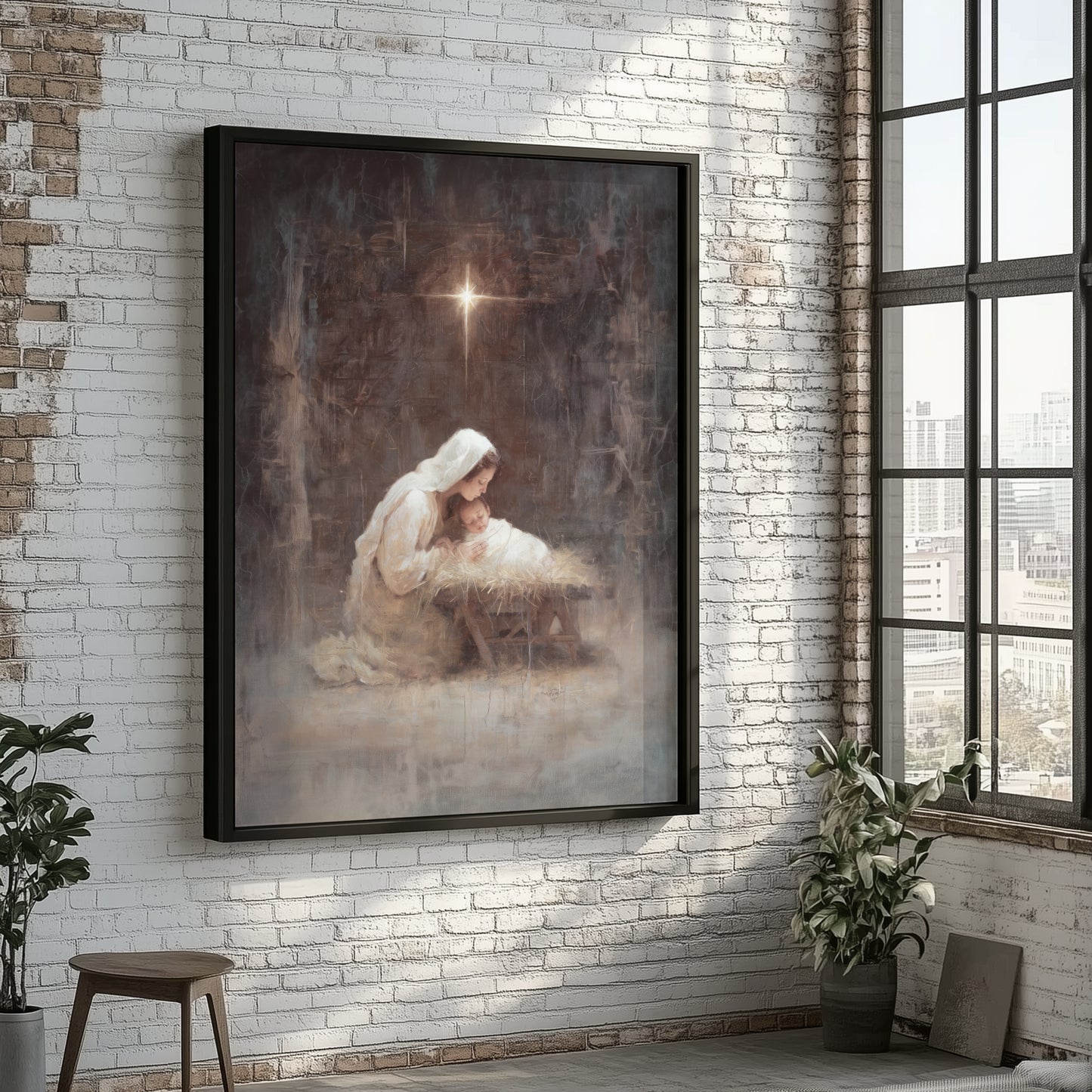 Virgen María y el Niño Jesús Vintage - Lienzo con marco flotante