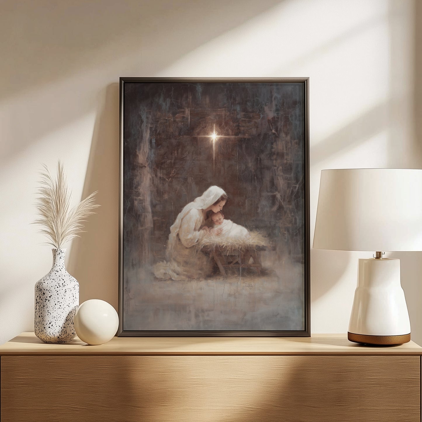 Virgen María y el Niño Jesús Vintage - Lienzo con marco flotante