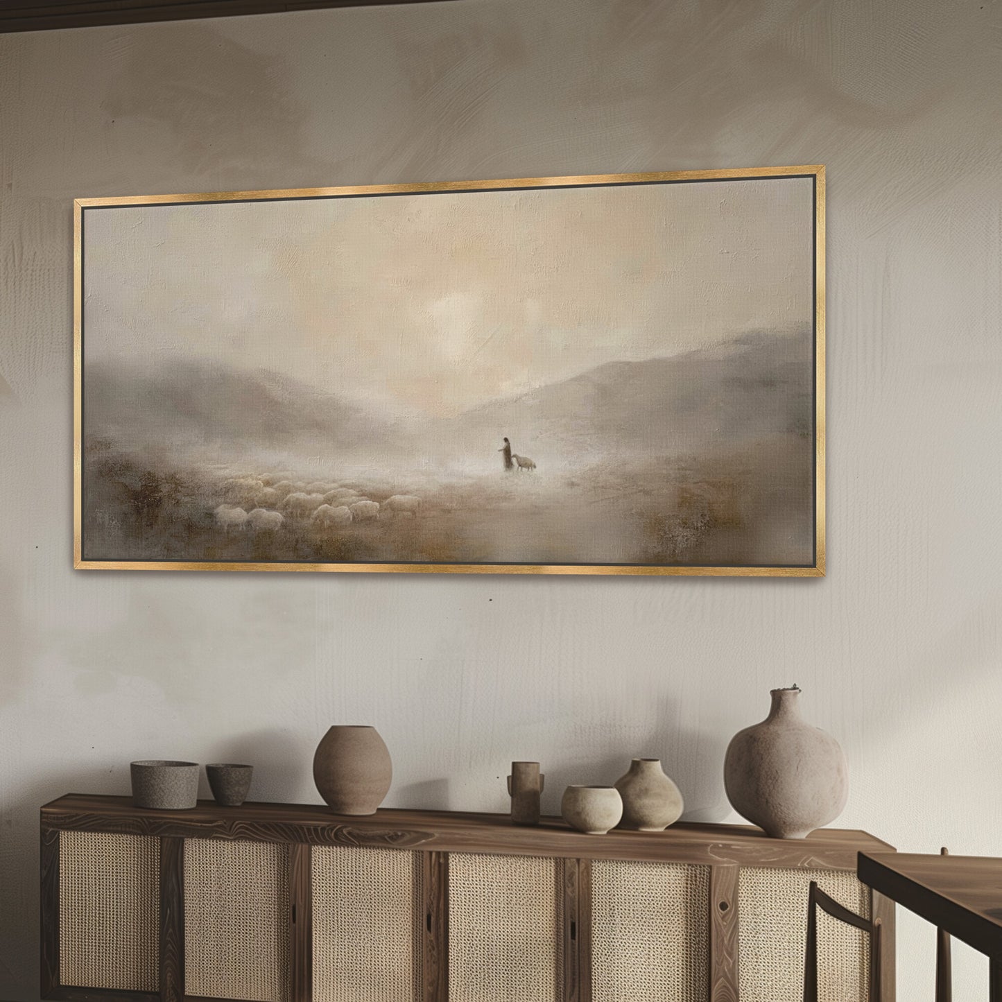 Jesus und das verlorene Schaf – Leinwanddruck – Minimalistische christliche Wandkunst – Leinwand mit Schattenfugenrahmen