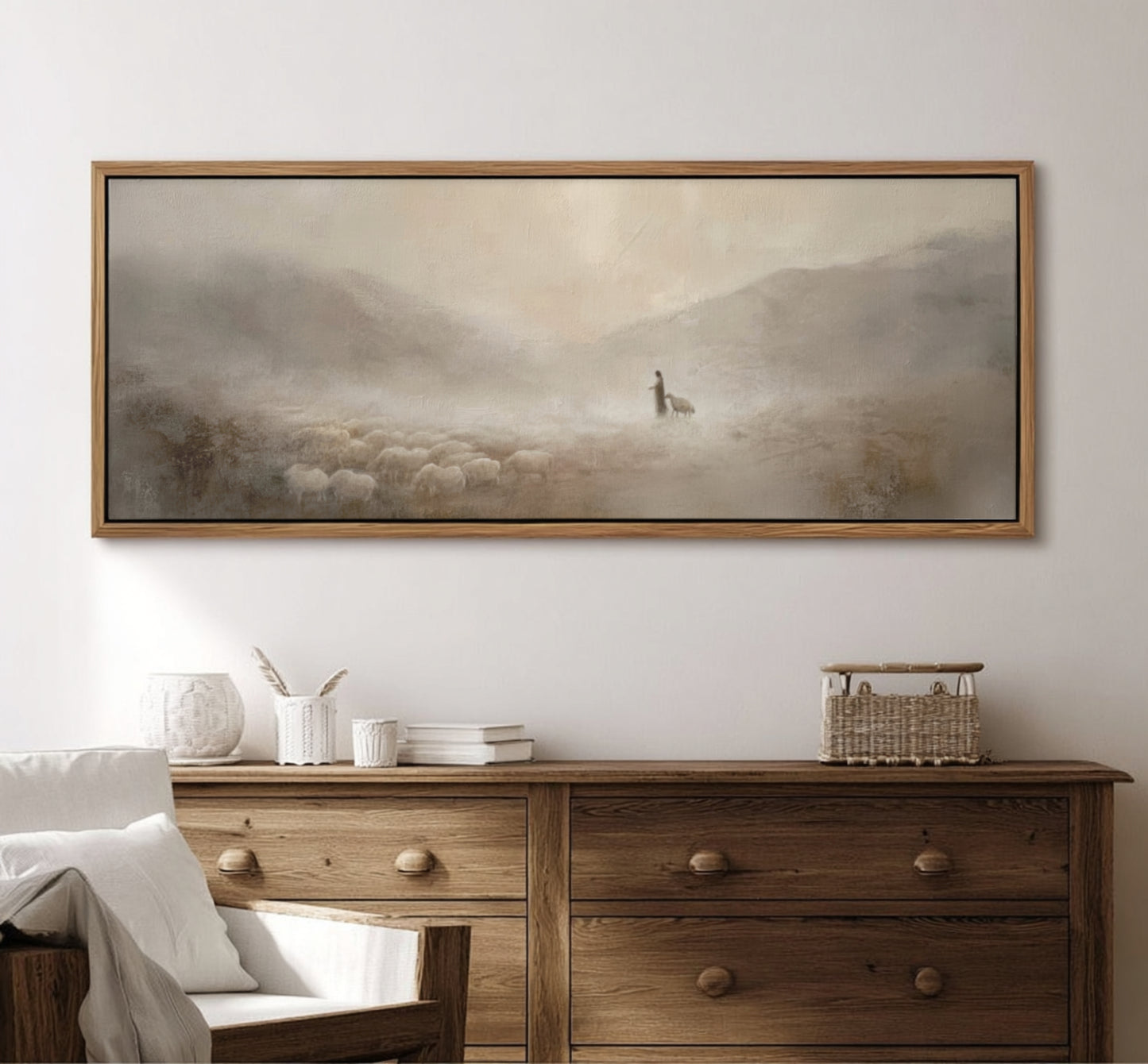Jesus und das verlorene Schaf – Leinwanddruck – Minimalistische christliche Wandkunst – Leinwand mit Schattenfugenrahmen