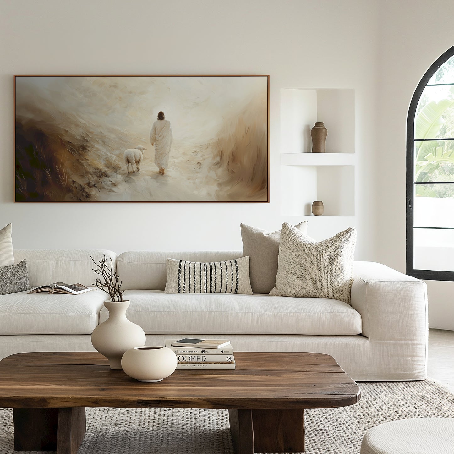 Jesus-Wandbild – Verlorenes Lamm – Minimalistisches christliches Wandbild – Leinwand mit Schattenfugenrahmen