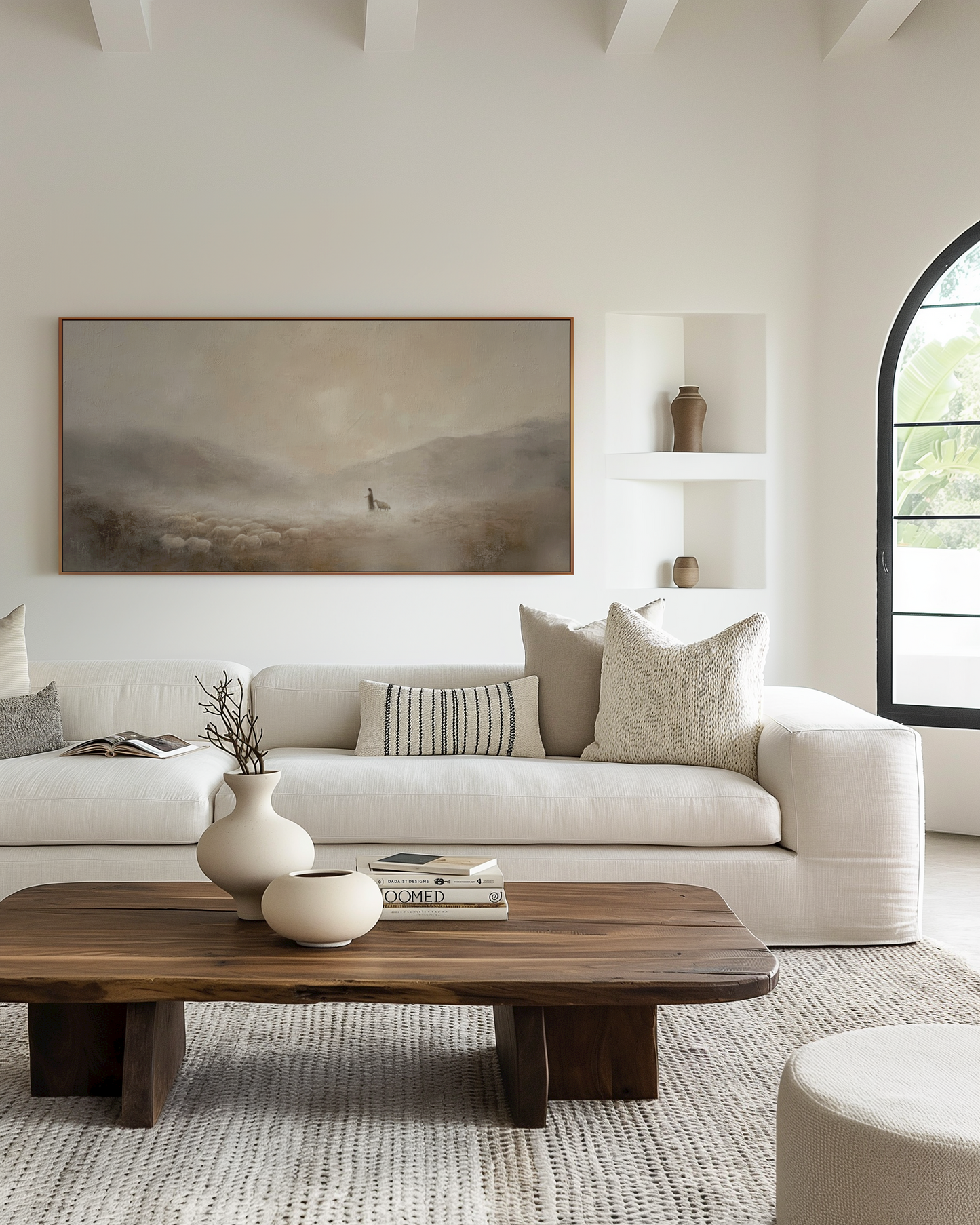 Jesus und das verlorene Schaf – Leinwanddruck – Minimalistische christliche Wandkunst – Leinwand mit Schattenfugenrahmen