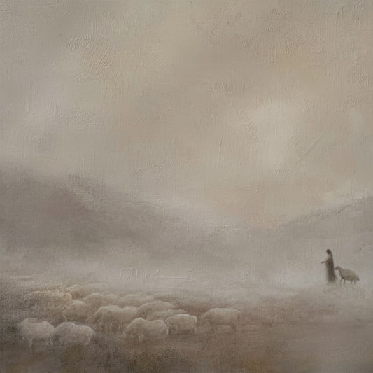Impresión en lienzo de Jesús y la oveja perdida: arte mural cristiano minimalista - Lienzo con marco flotante